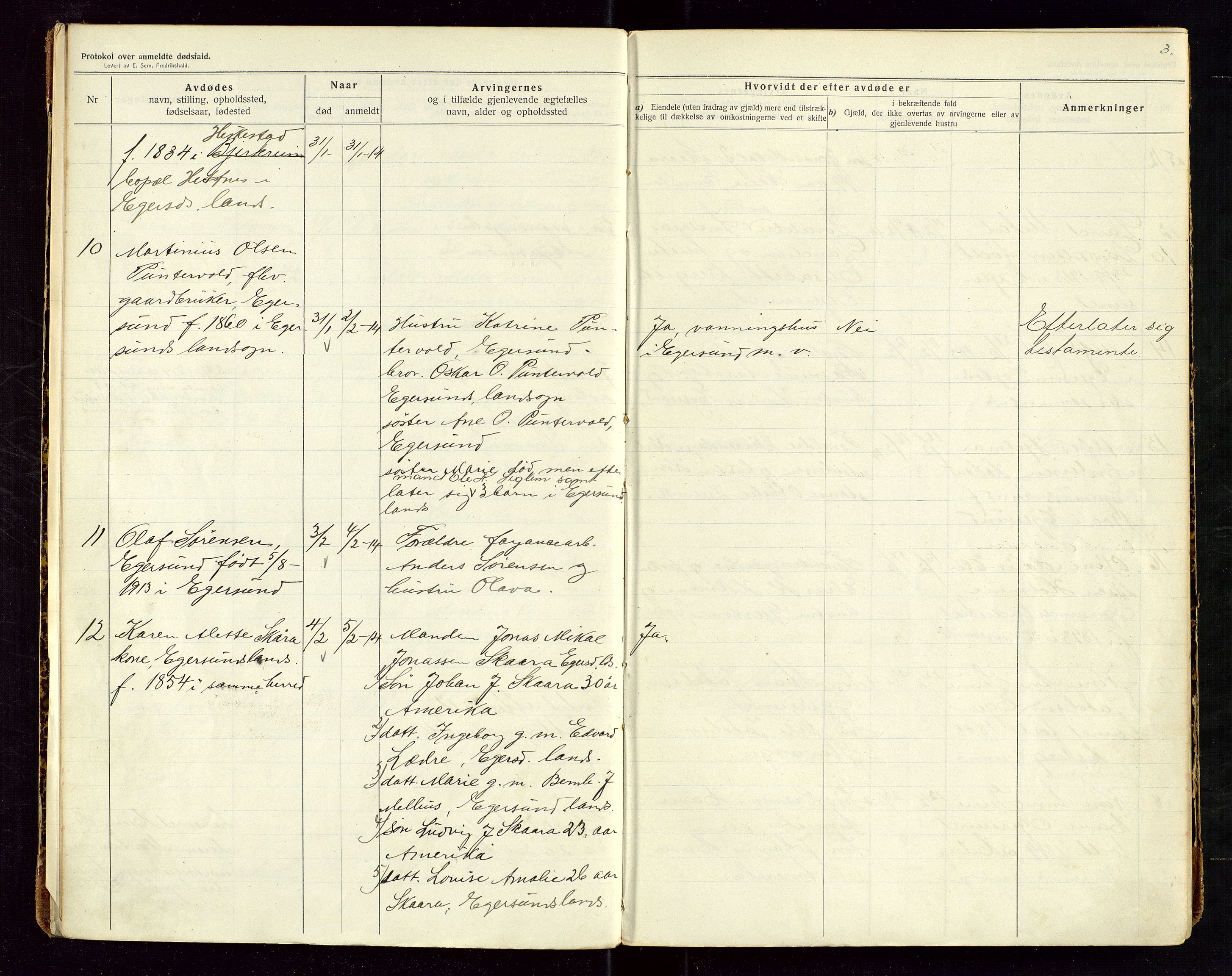 Eigersund lensmannskontor, SAST/A-100171/Gga/L0006: "Protokol over anmeldte dødsfald" m/alfabetisk navneregister, 1914-1917, s. 3