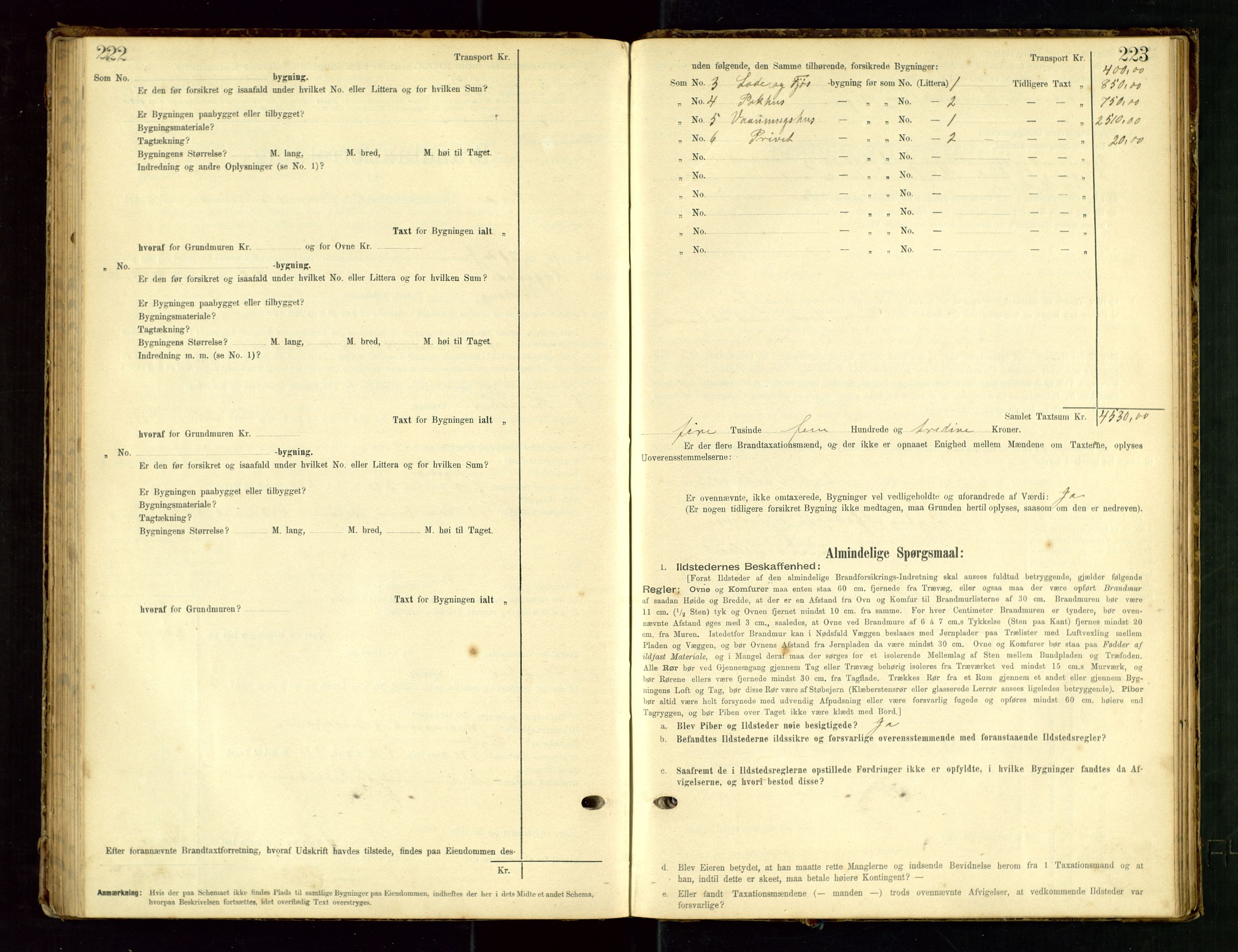 Hå lensmannskontor, SAST/A-100456/Goa/L0003: Takstprotokoll (skjema), 1895-1911, s. 222-223