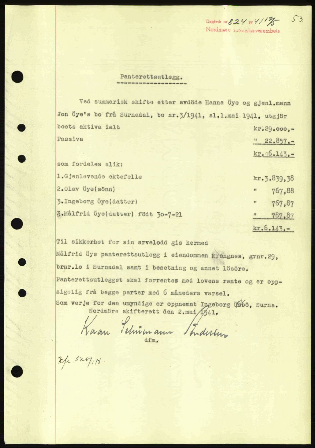Nordmøre sorenskriveri, SAT/A-4132/1/2/2Ca: Pantebok nr. B88, 1941-1942, Dagboknr: 824/1941