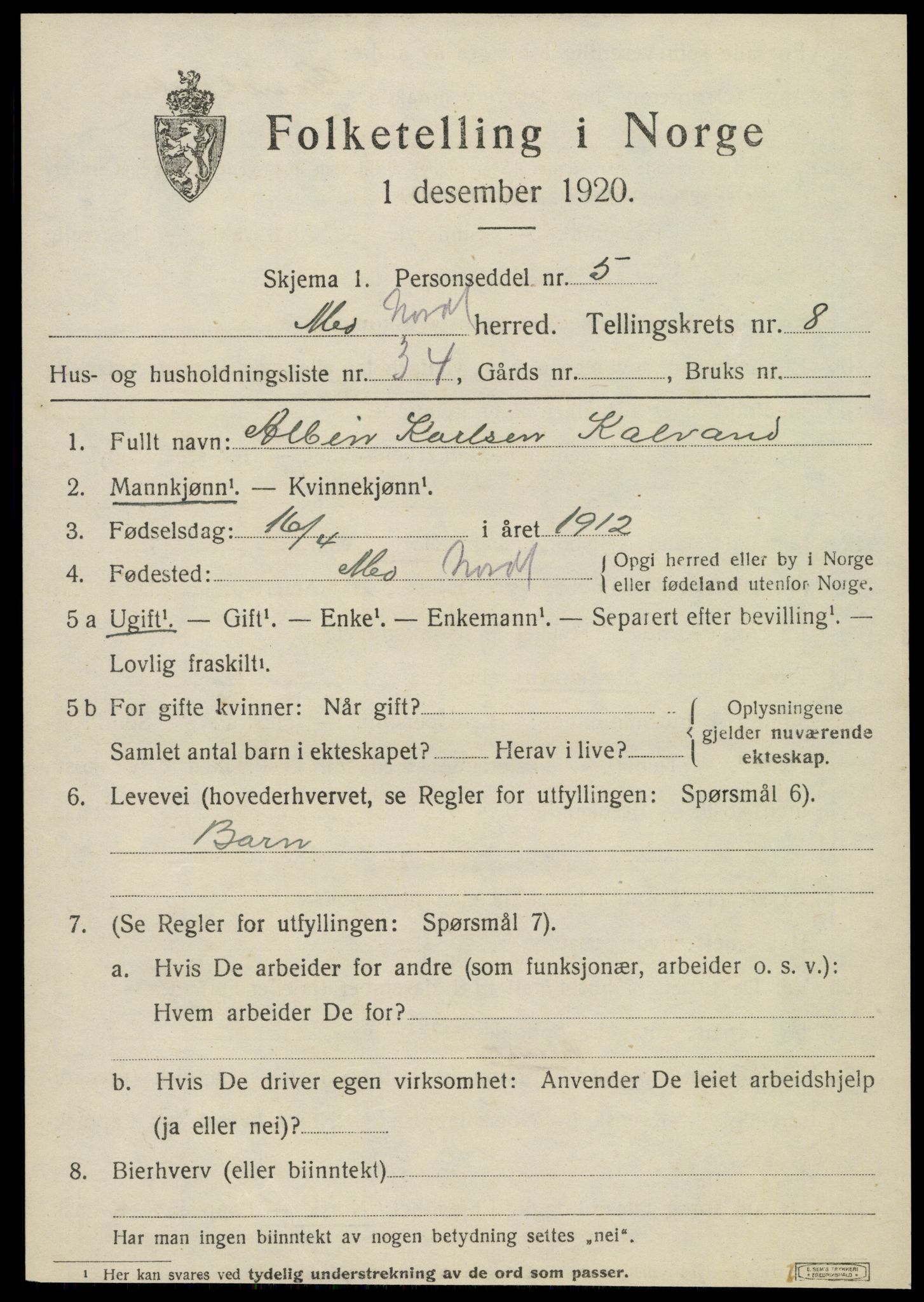 SAT, Folketelling 1920 for 1833 Mo herred, 1920, s. 8521