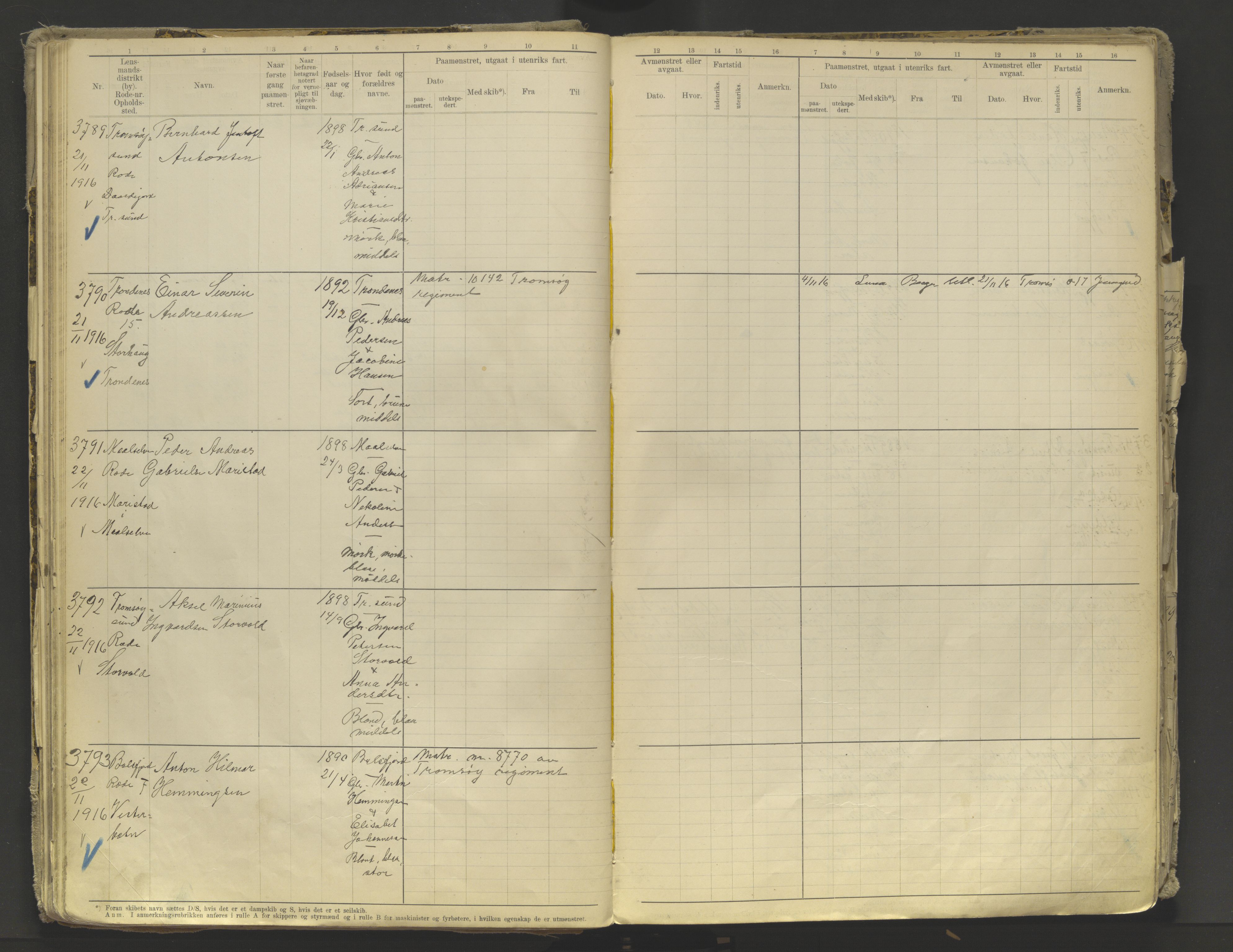 Tromsø sjømannskontor/innrullerings-/mønstringsdistrikt, AV/SATØ-S-0243/F/Fb/L0010: Annotasjonsrulle. Defekt: løs innbinding. Nr. 3519-4972, 1916-1920