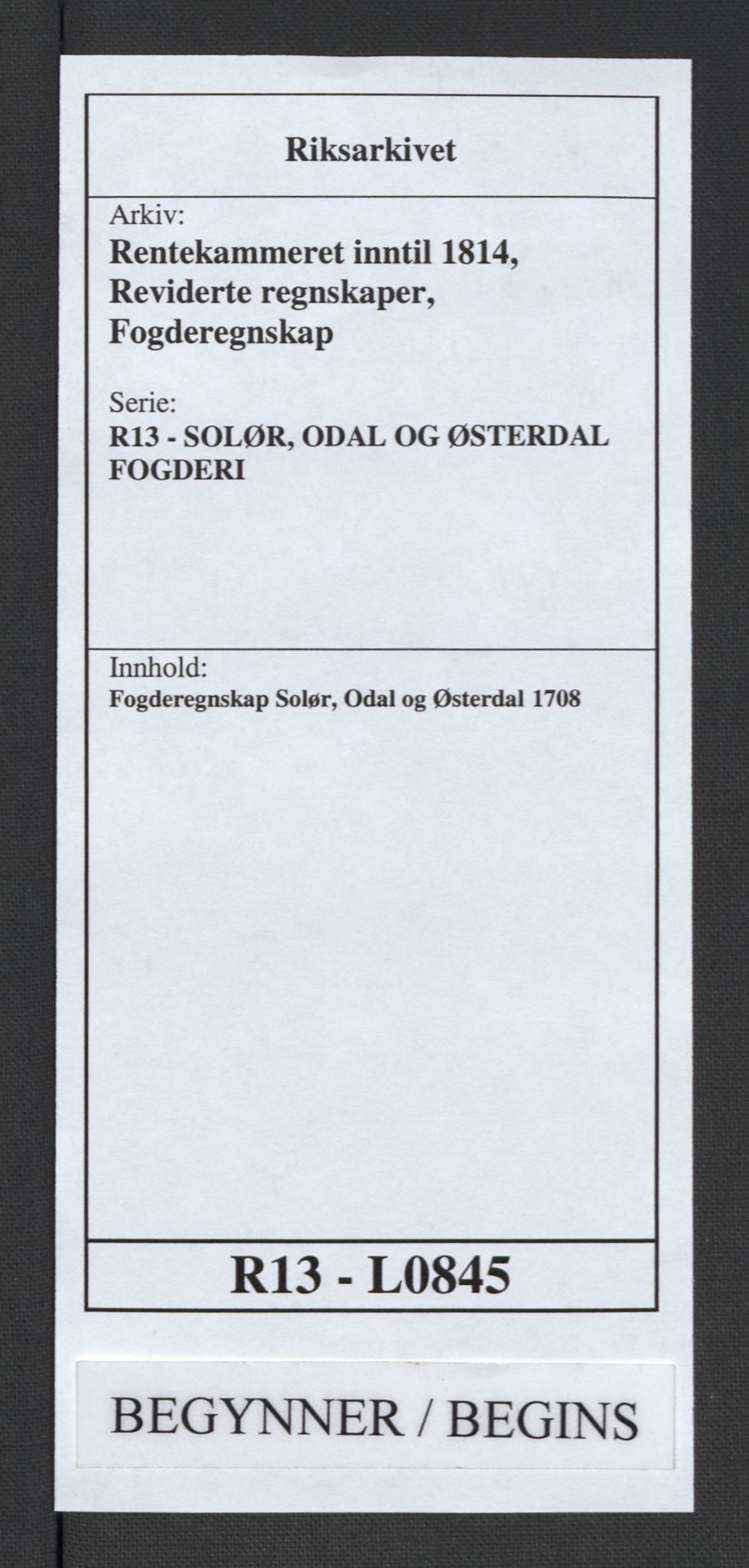 Rentekammeret inntil 1814, Reviderte regnskaper, Fogderegnskap, AV/RA-EA-4092/R13/L0845: Fogderegnskap Solør, Odal og Østerdal, 1708, s. 1