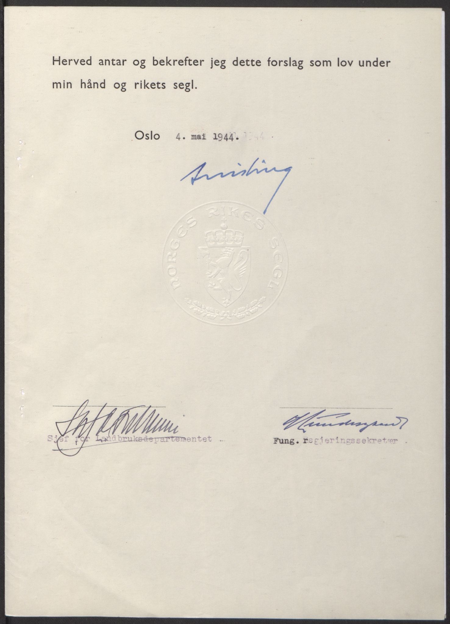 NS-administrasjonen 1940-1945 (Statsrådsekretariatet, de kommisariske statsråder mm), RA/S-4279/D/Db/L0100: Lover, 1944, s. 208