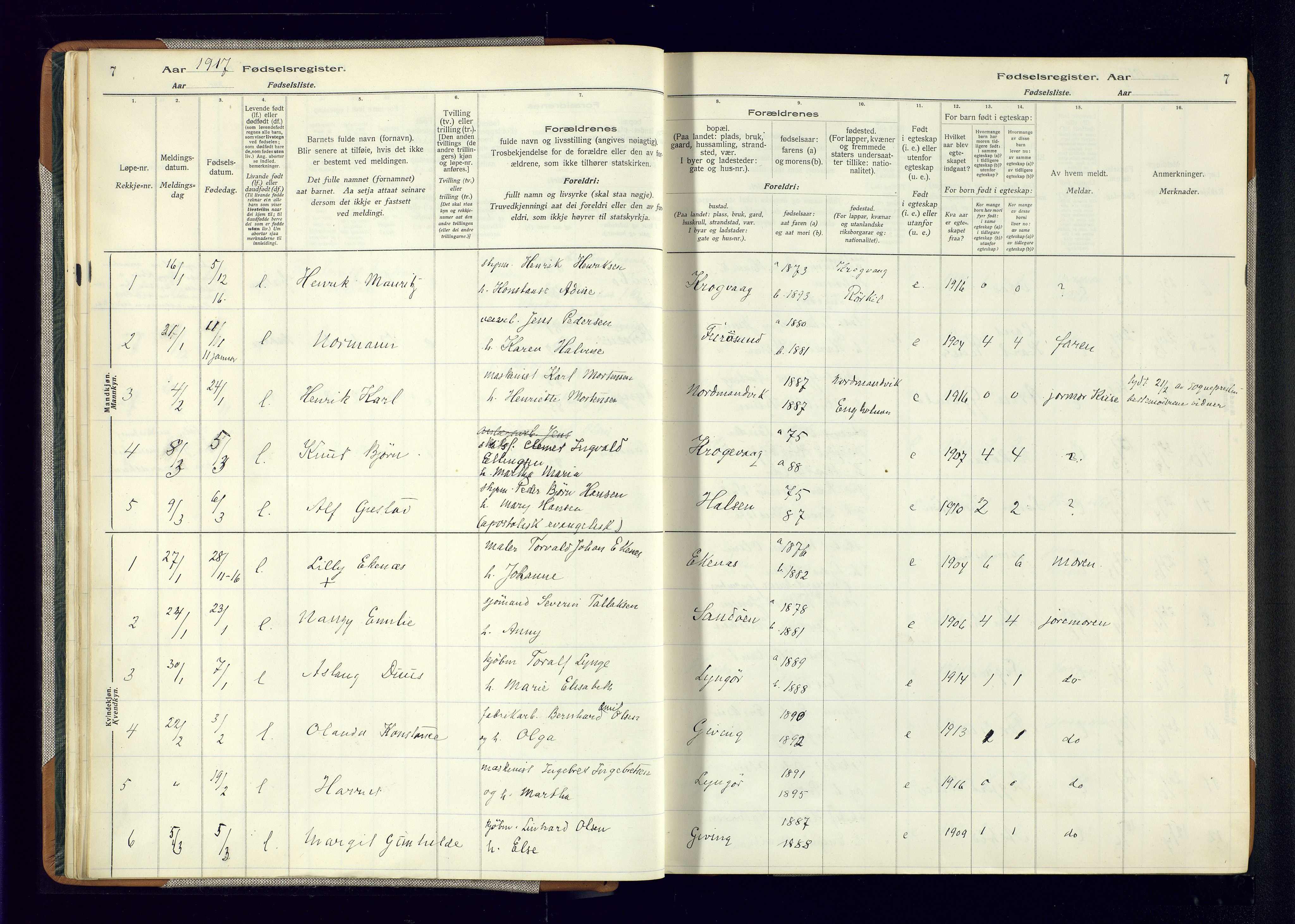 Dypvåg sokneprestkontor, SAK/1111-0007/J/Ja/L0001: Fødselsregister nr. II.4.3, 1916-1975, s. 7