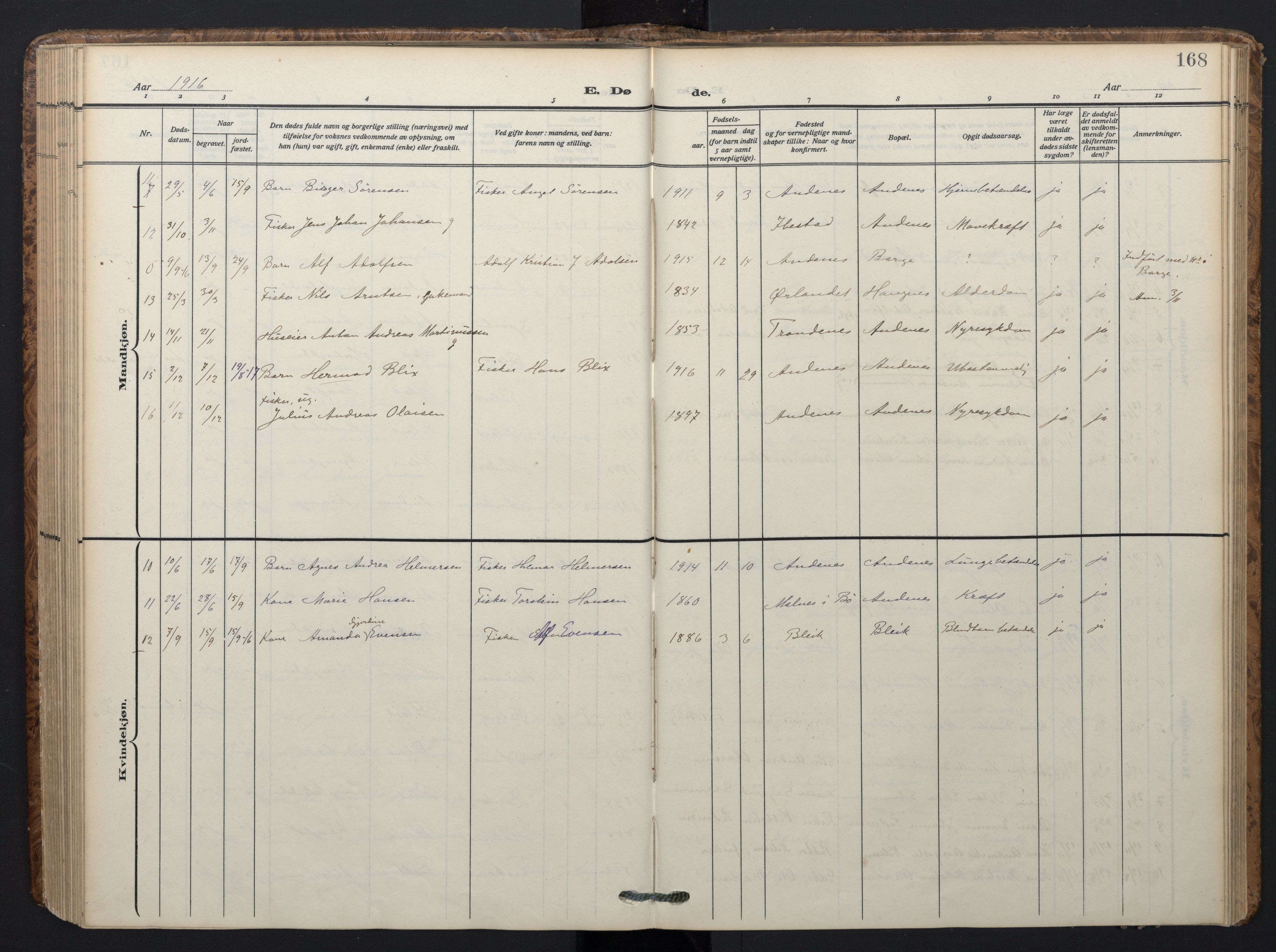 Ministerialprotokoller, klokkerbøker og fødselsregistre - Nordland, AV/SAT-A-1459/899/L1438: Ministerialbok nr. 899A06, 1909-1922, s. 168