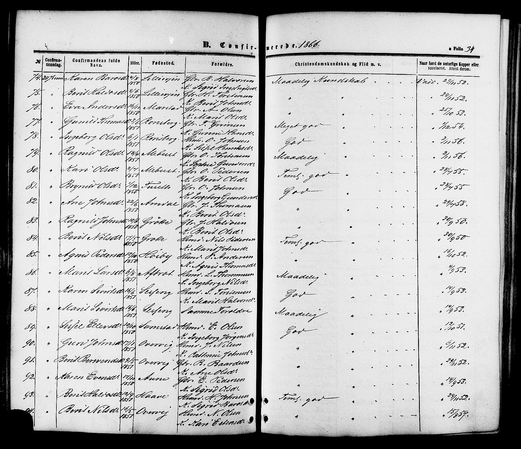 Ministerialprotokoller, klokkerbøker og fødselsregistre - Sør-Trøndelag, AV/SAT-A-1456/695/L1147: Ministerialbok nr. 695A07, 1860-1877, s. 34