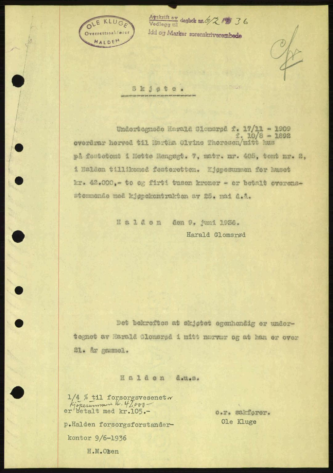 Idd og Marker sorenskriveri, AV/SAO-A-10283/G/Gb/Gbc/L0001: Pantebok nr. B1-3, 1936-1939, Dagboknr: 612/1936