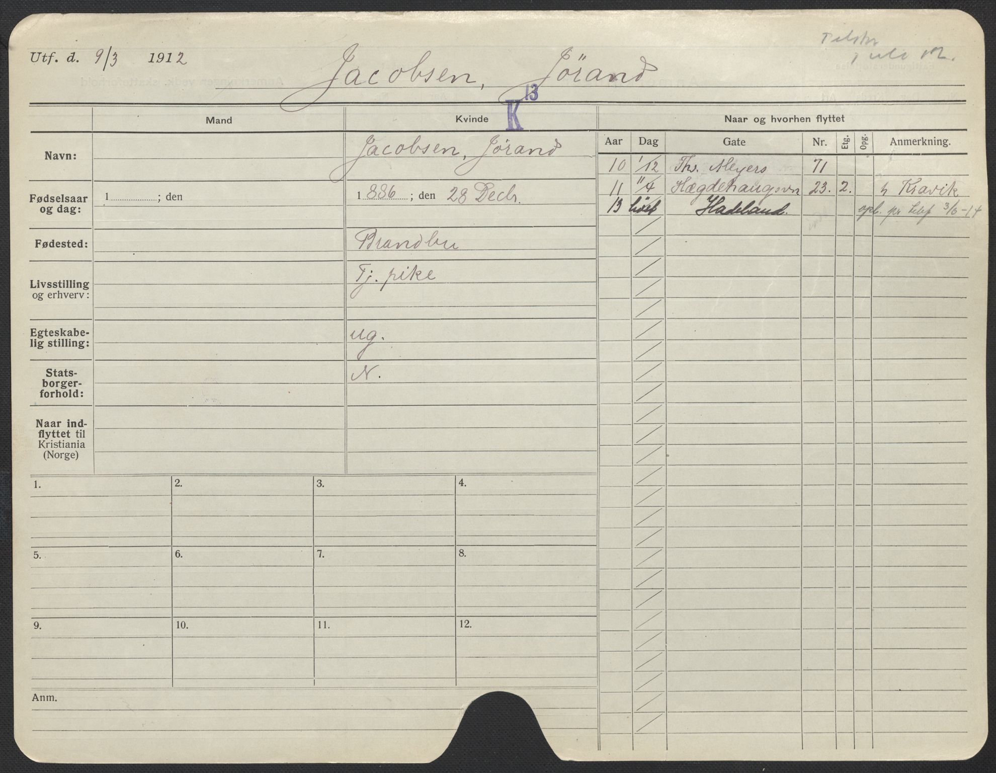 Oslo folkeregister, Registerkort, AV/SAO-A-11715/F/Fa/Fac/L0017: Kvinner, 1906-1914, s. 222a