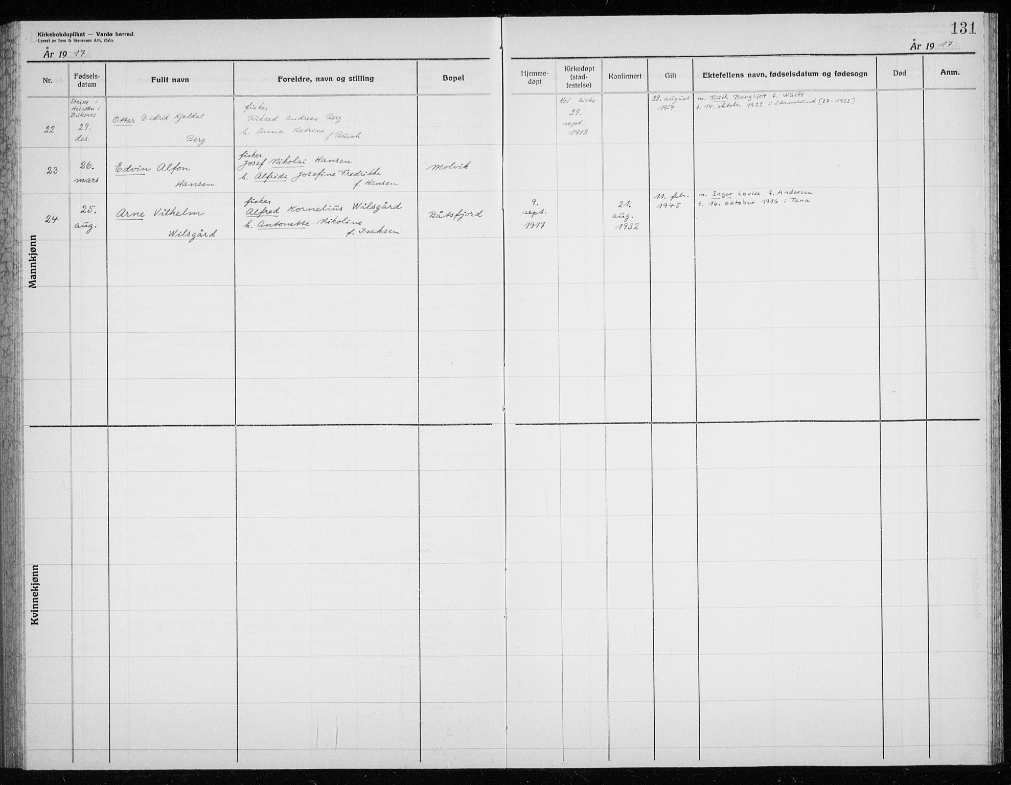 Vardø sokneprestkontor, SATØ/S-1332/H/Hc/L0006kirkerekon: Annen kirkebok nr. 6, 1900-1925, s. 131