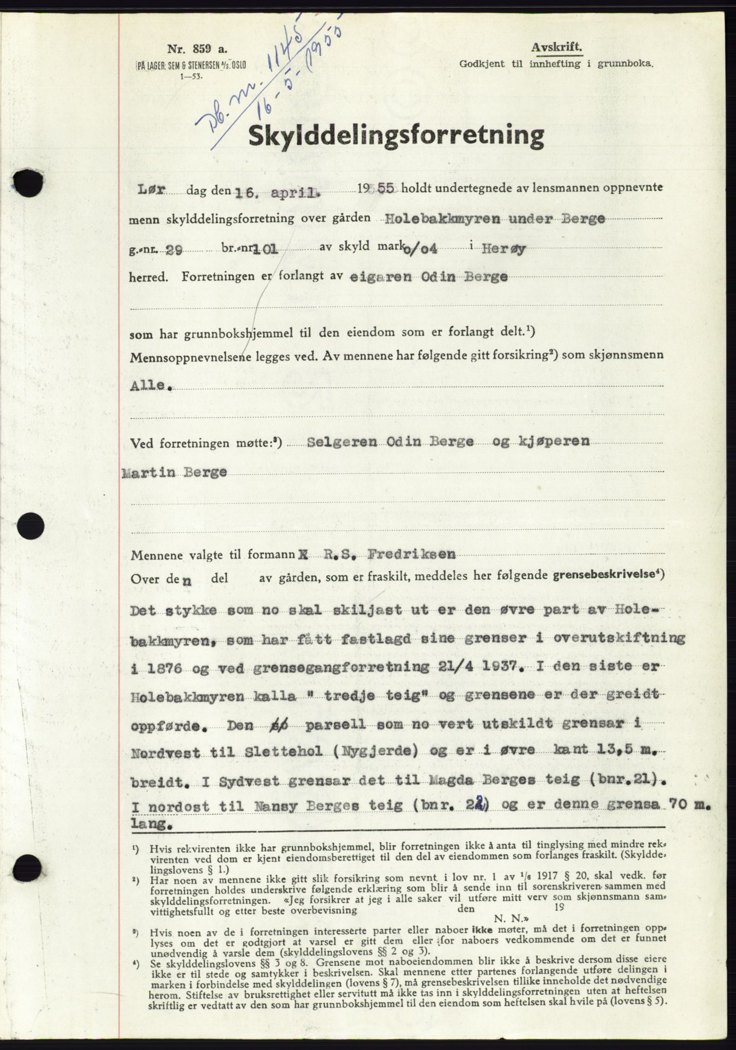 Søre Sunnmøre sorenskriveri, AV/SAT-A-4122/1/2/2C/L0101: Pantebok nr. 27A, 1955-1955, Dagboknr: 1145/1955