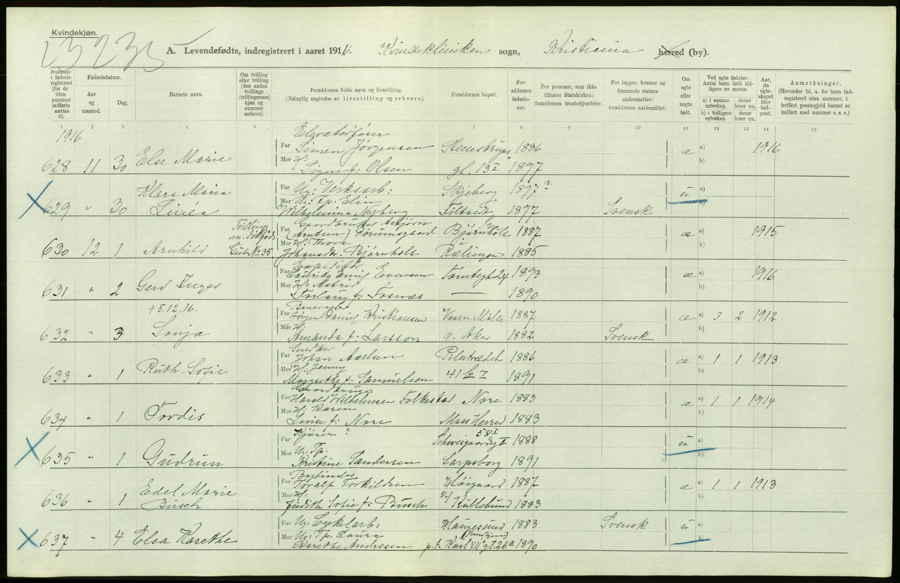 Statistisk sentralbyrå, Sosiodemografiske emner, Befolkning, RA/S-2228/D/Df/Dfb/Dfbf/L0007: Kristiania: Levendefødte menn og kvinner., 1916, s. 298