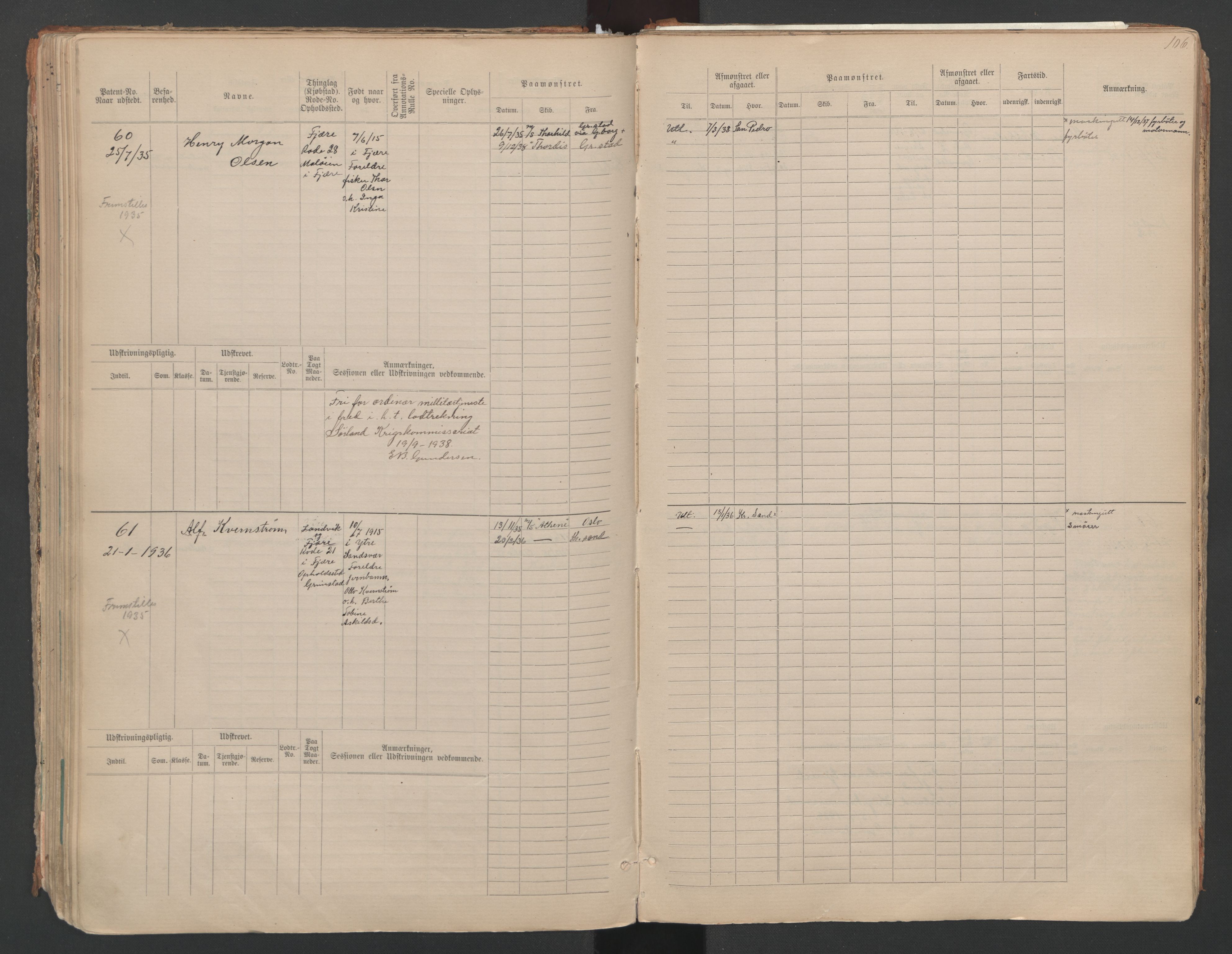 Grimstad mønstringskrets, SAK/2031-0013/F/Fa/L0007: Annotasjonsrulle nr 1-265 og hovedrulle B nr 1-160, V-20, 1894-1949, s. 111