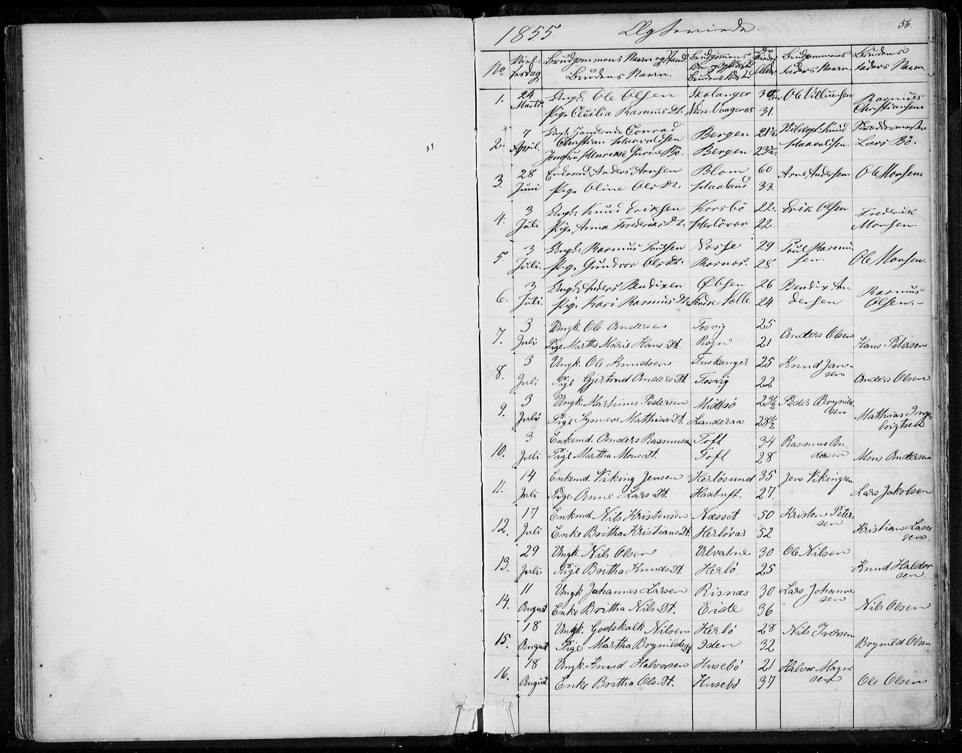 Herdla Sokneprestembete, AV/SAB-A-75701/H/Haa: Ministerialbok nr. A 1, 1855-1869, s. 56