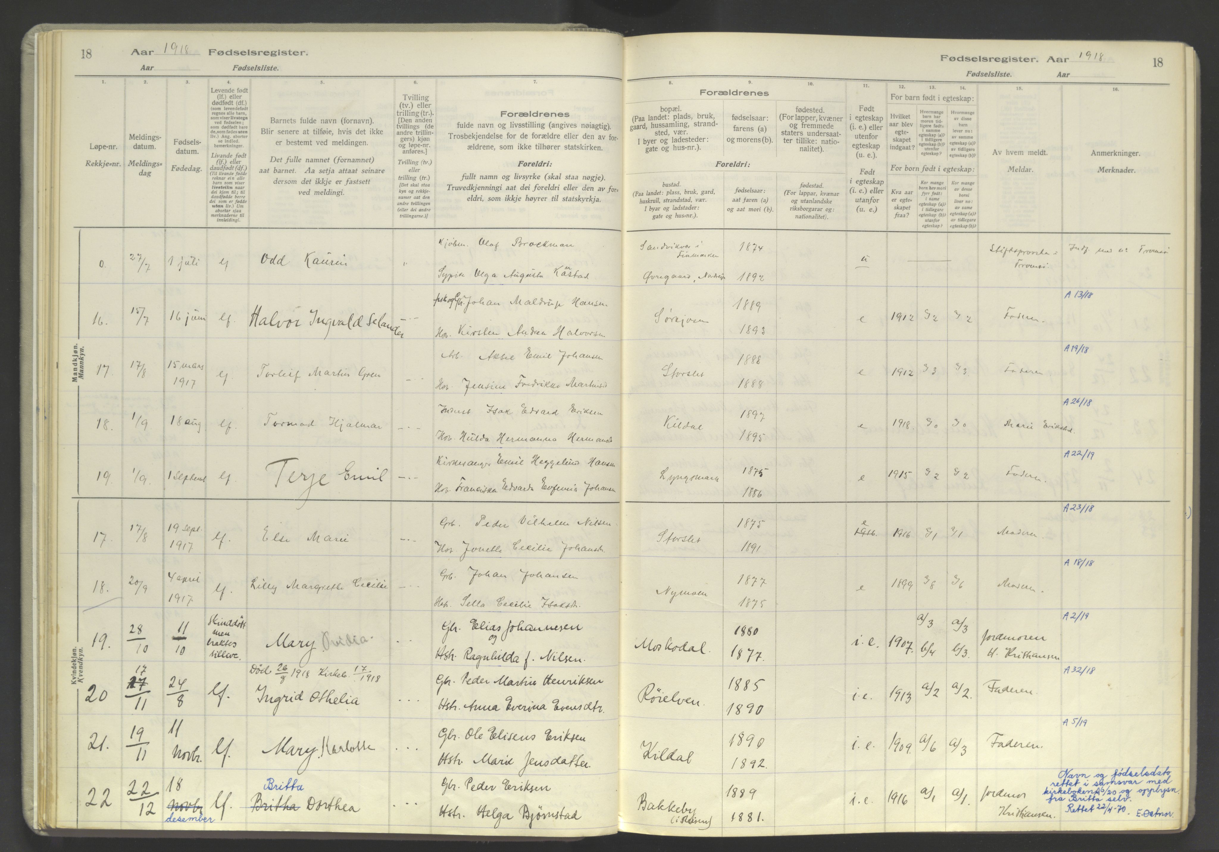 Skjervøy sokneprestkontor, AV/SATØ-S-1300/I/Ia/L0060: Fødselsregister nr. 60, 1916-1947, s. 18