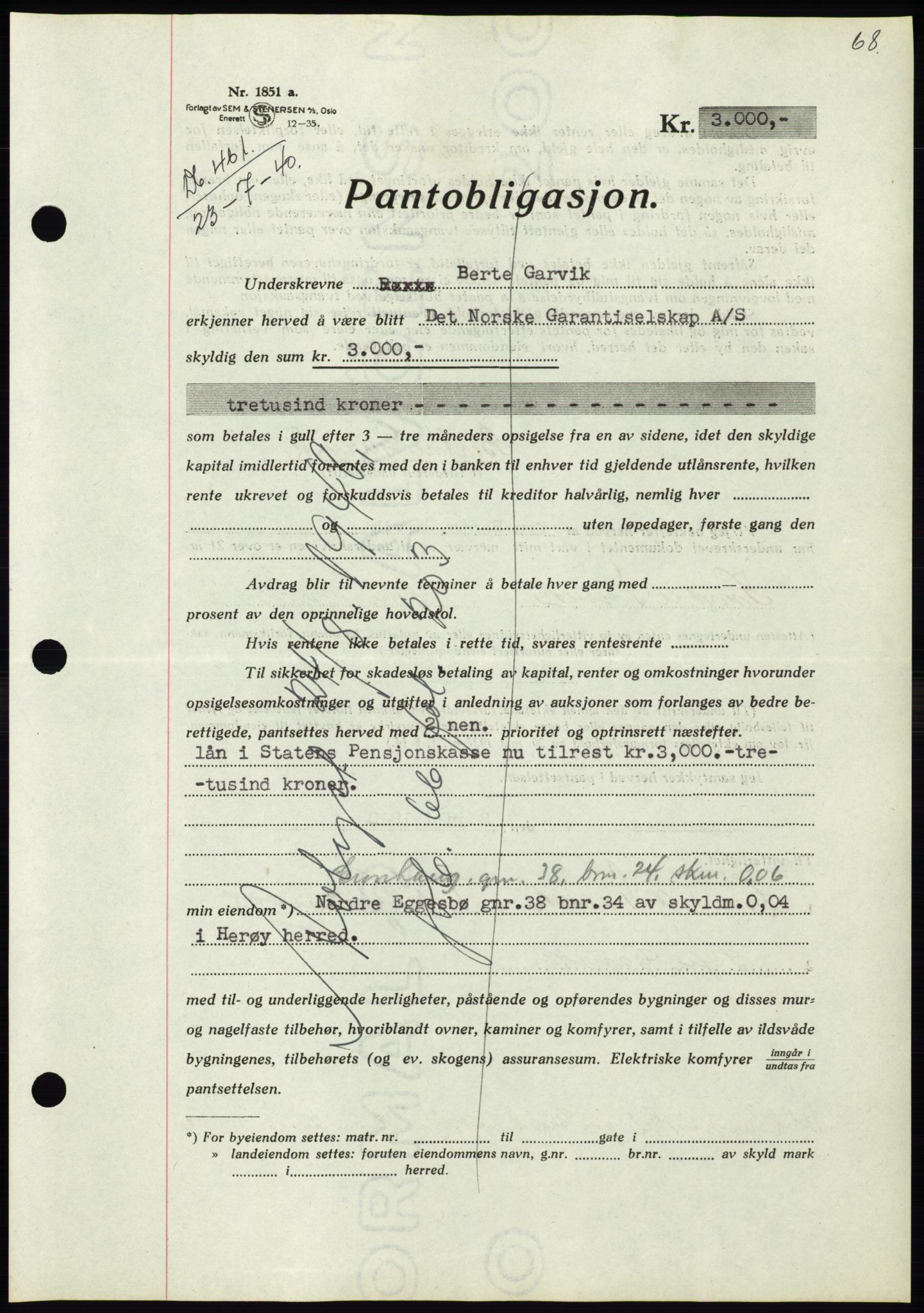 Søre Sunnmøre sorenskriveri, SAT/A-4122/1/2/2C/L0070: Pantebok nr. 64, 1940-1941, Dagboknr: 461/1940