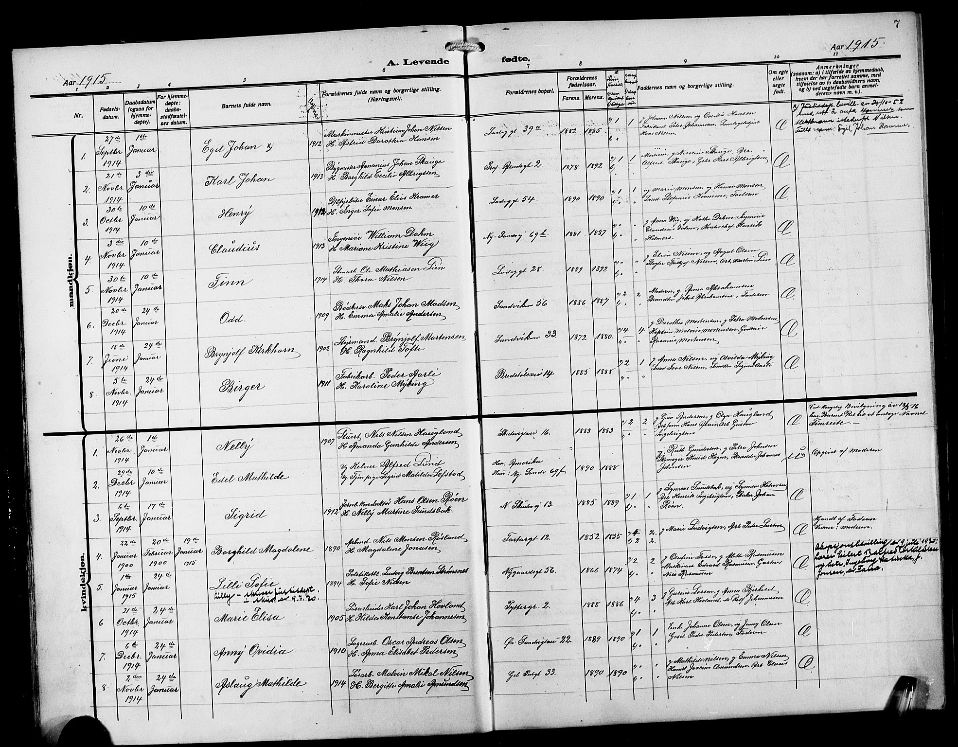 Sandviken Sokneprestembete, SAB/A-77601/H/Hb/L0005: Klokkerbok nr. B 2, 1914-1925, s. 7