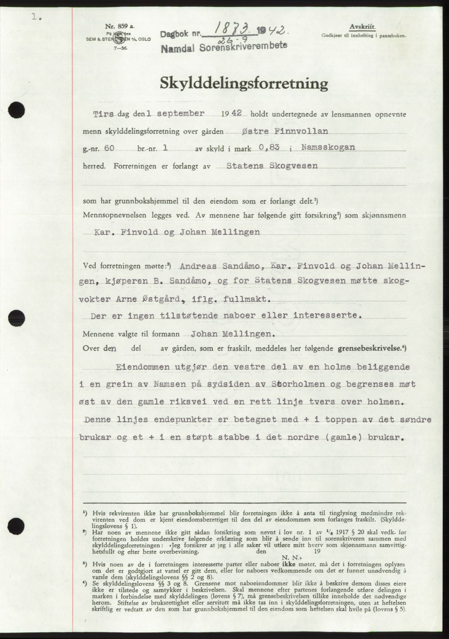 Namdal sorenskriveri, SAT/A-4133/1/2/2C: Pantebok nr. -, 1942-1943, Dagboknr: 1873/1942