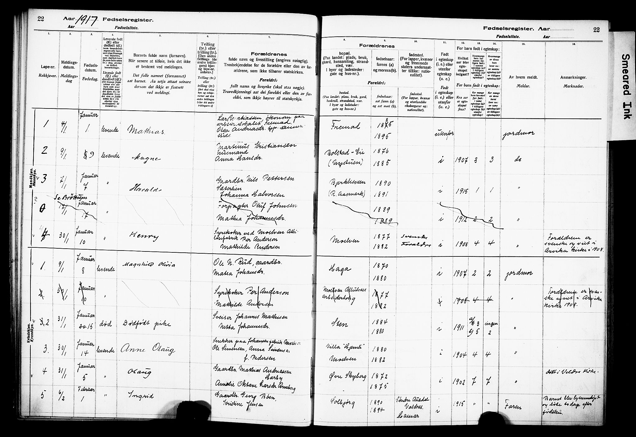 Ringsaker prestekontor, SAH/PREST-014/O/Oa/L0001: Fødselsregister nr. 1, 1916-1925, s. 22