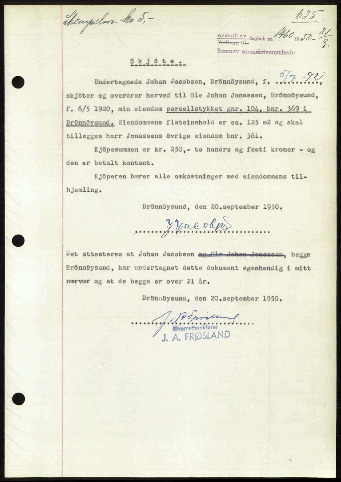 Brønnøy sorenskriveri, SAT/A-4170/1/2/2C: Pantebok nr. 36, 1950-1950, Dagboknr: 1460/1950