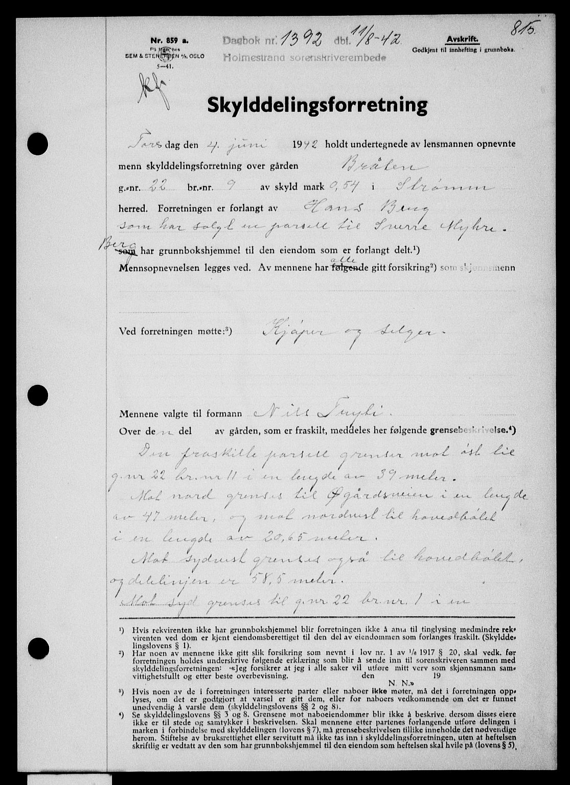 Holmestrand sorenskriveri, SAKO/A-67/G/Ga/Gaa/L0055: Pantebok nr. A-55, 1942-1942, Dagboknr: 1392/1942