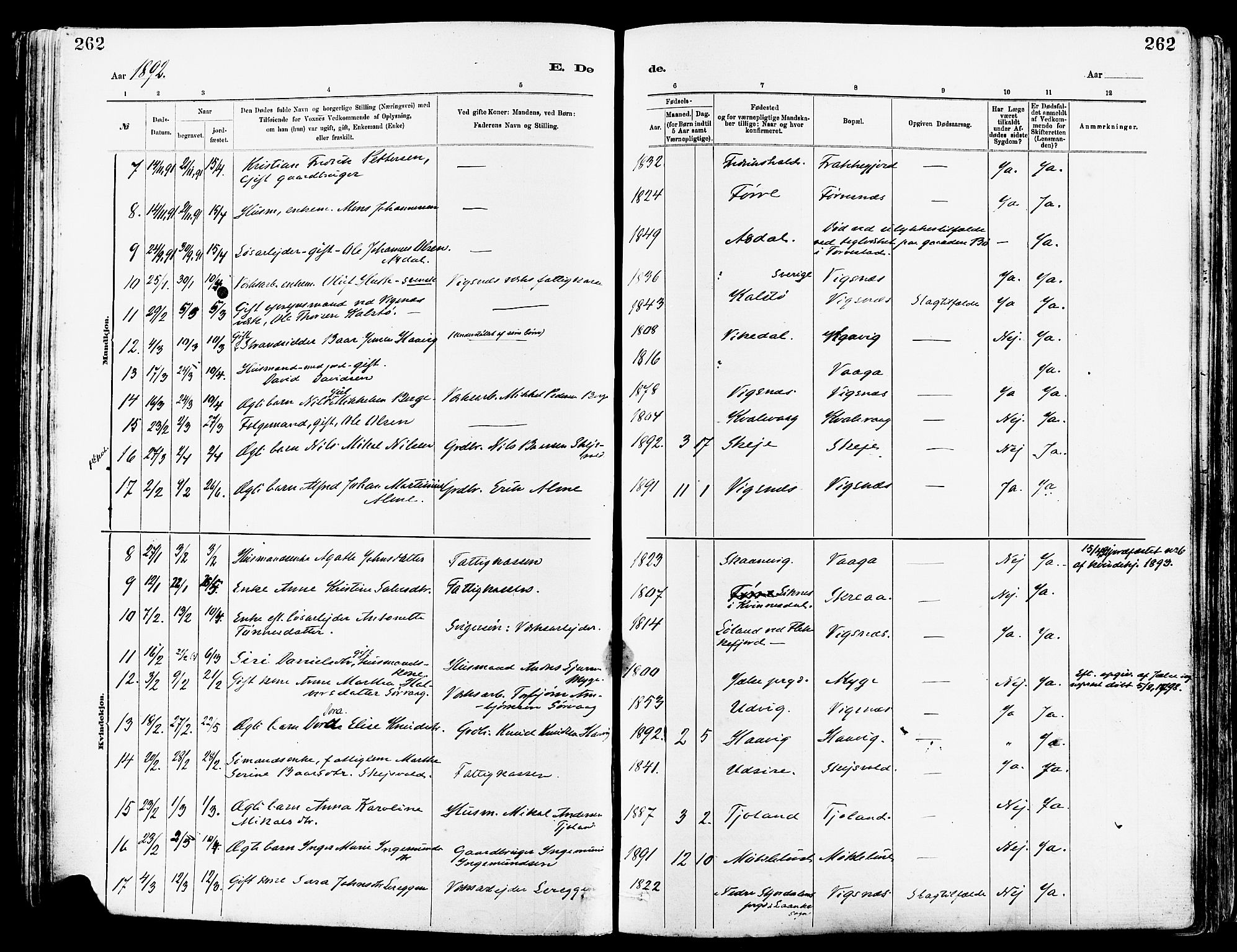 Avaldsnes sokneprestkontor, AV/SAST-A -101851/H/Ha/Haa/L0015: Ministerialbok nr. A 15, 1880-1906, s. 262