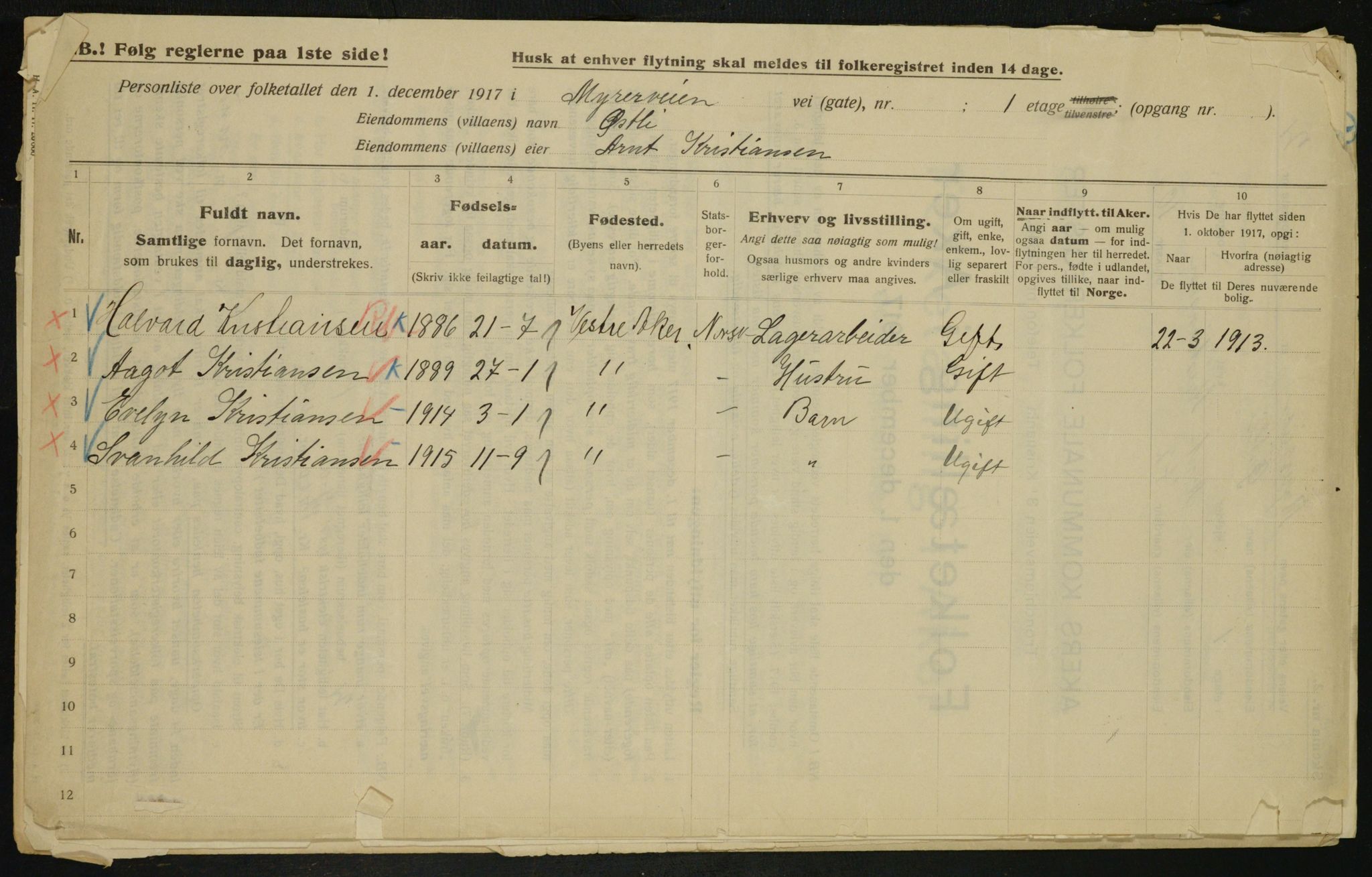 OBA, Kommunal folketelling 1.12.1917 for Aker, 1917, s. 14152