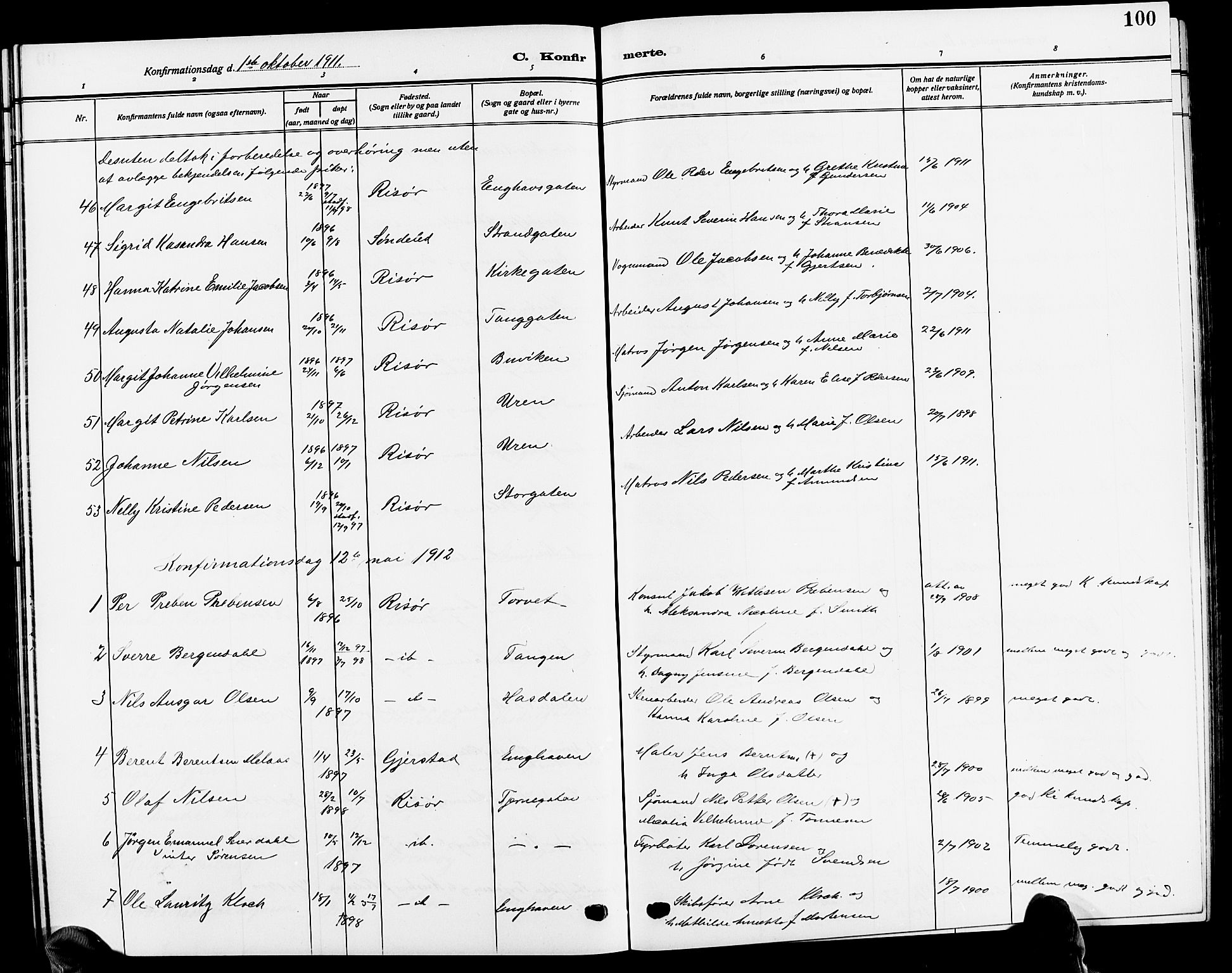 Risør sokneprestkontor, AV/SAK-1111-0035/F/Fb/L0008: Klokkerbok nr. B 8, 1909-1921, s. 100