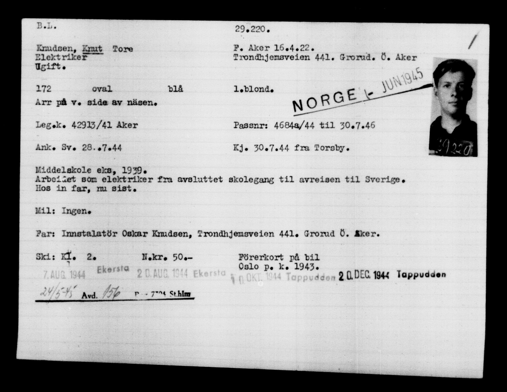 Utenriksstasjonene, Legasjonen i Stockholm, Flyktningkontoret, AV/RA-S-6753/V/Va/L0012: Kjesäterkartoteket, flyktninger med registreringsnr. 28300-31566, 1940-1945, s. 1007