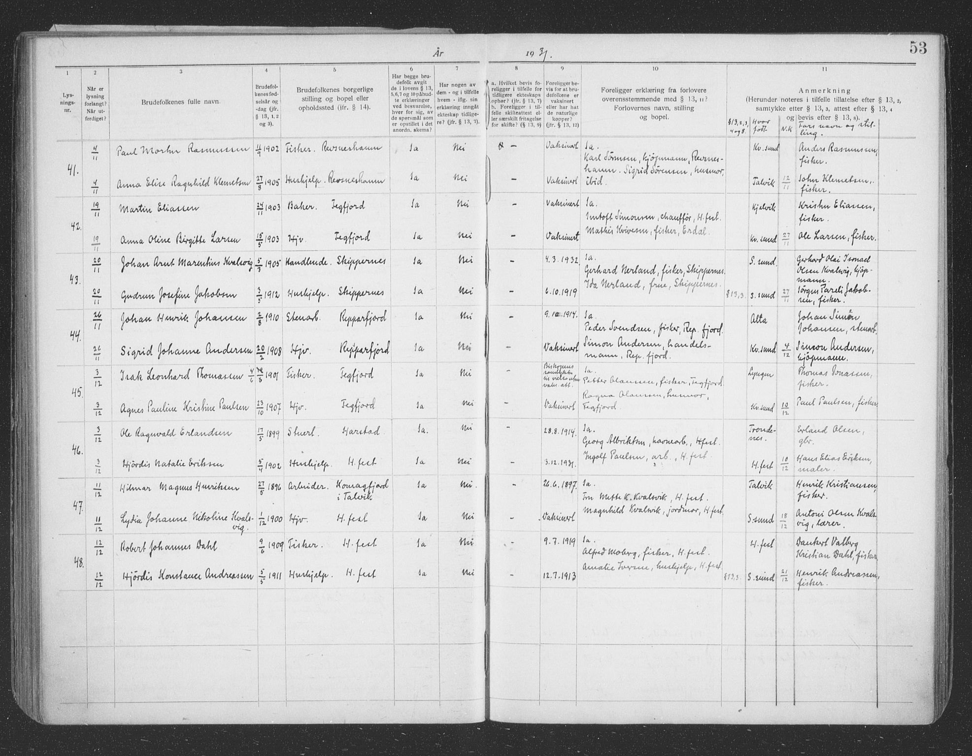 Hammerfest sokneprestkontor, AV/SATØ-S-1347/I/Ib/L0073: Lysningsprotokoll nr. 73, 1921-1939, s. 53