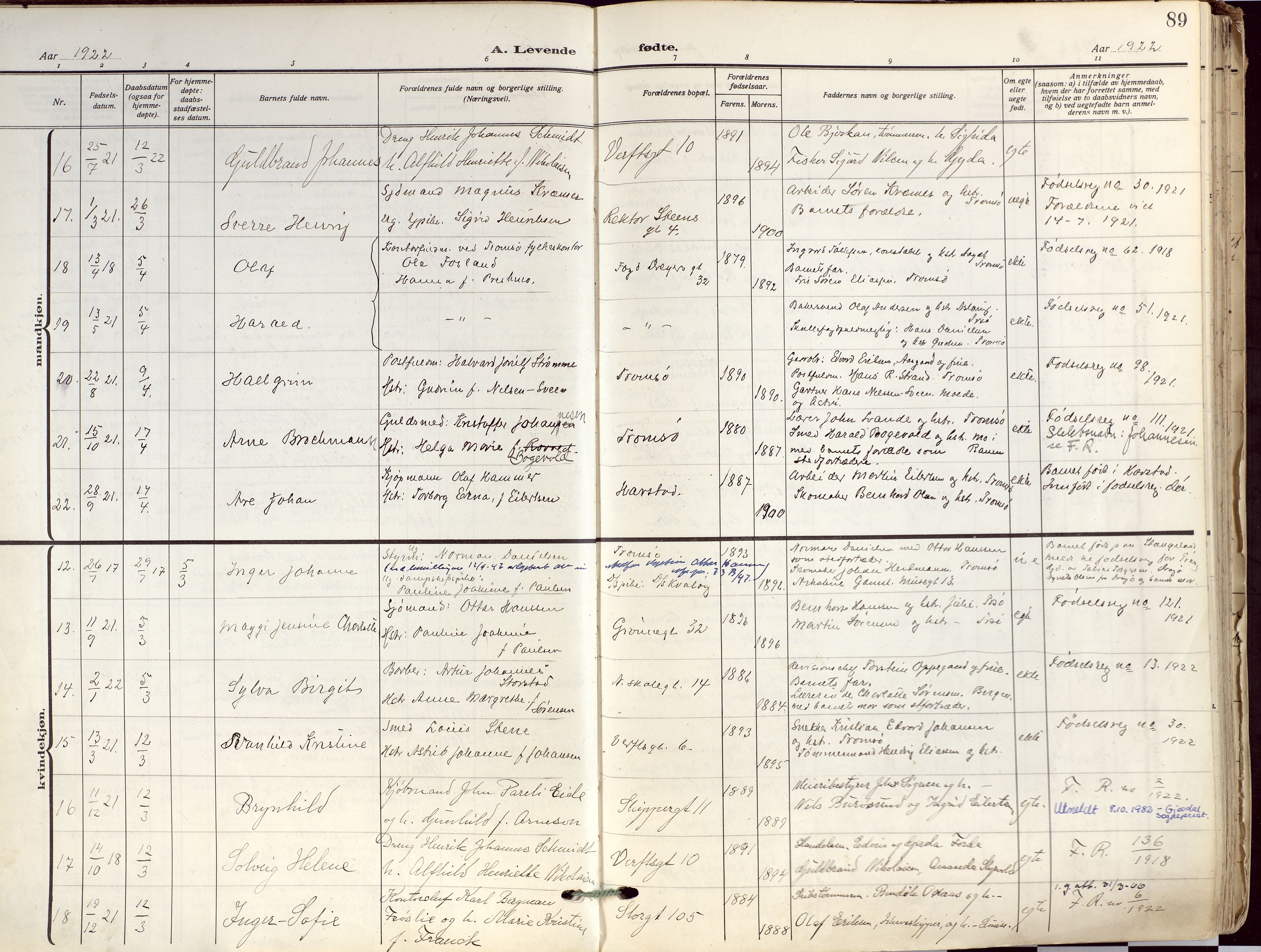 Tromsø sokneprestkontor/stiftsprosti/domprosti, AV/SATØ-S-1343/G/Ga/L0019kirke: Ministerialbok nr. 19, 1917-1927, s. 89