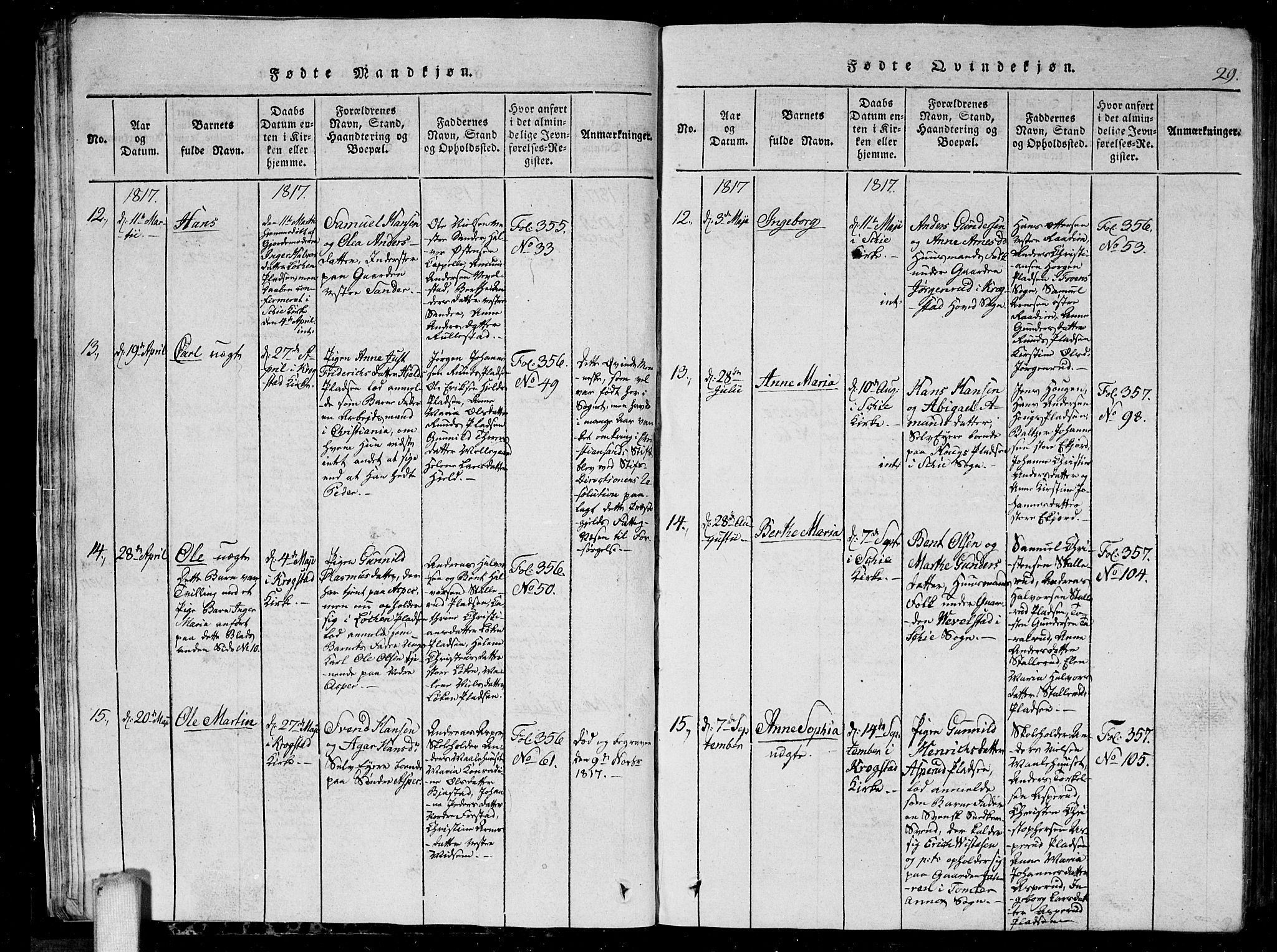 Kråkstad prestekontor Kirkebøker, AV/SAO-A-10125a/G/Ga/L0001: Klokkerbok nr. I 1, 1813-1824, s. 29