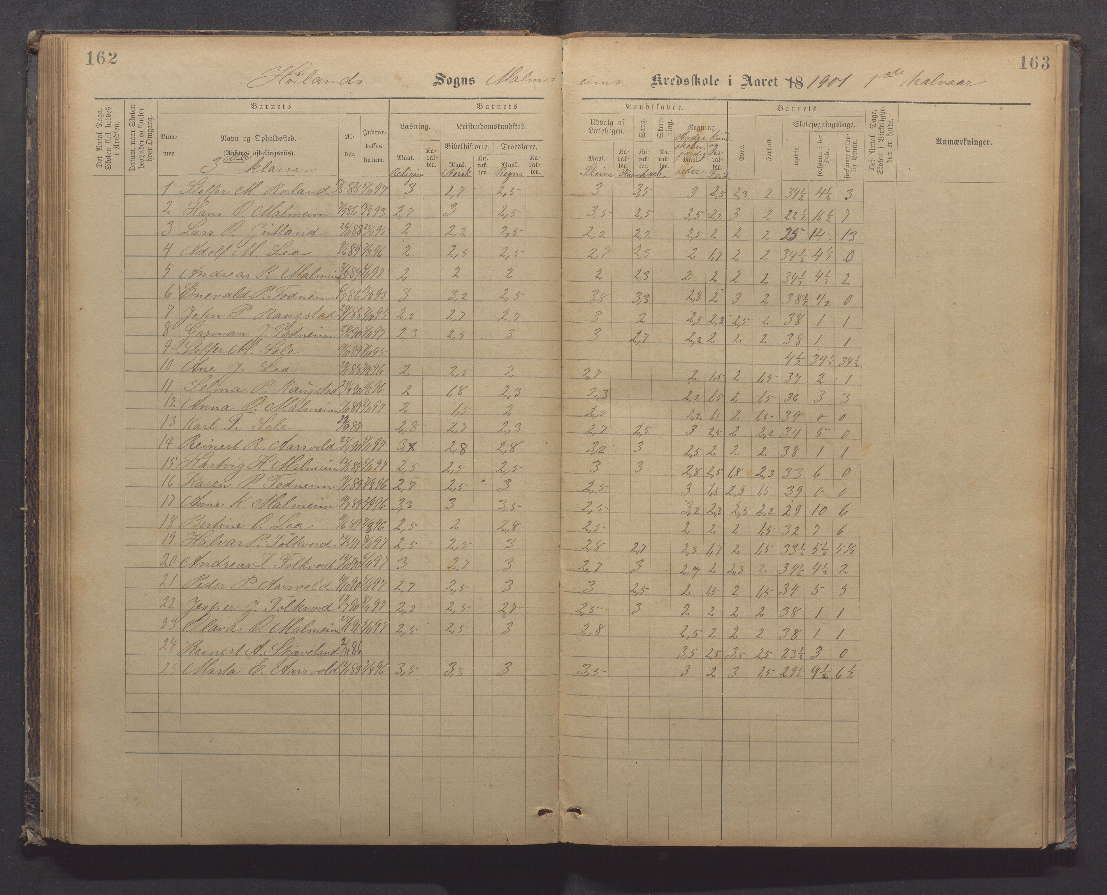 Høyland kommune - Malmheim skole, IKAR/K-100082/F/L0002: Skoleprotokoll, 1889-1909, s. 162-163