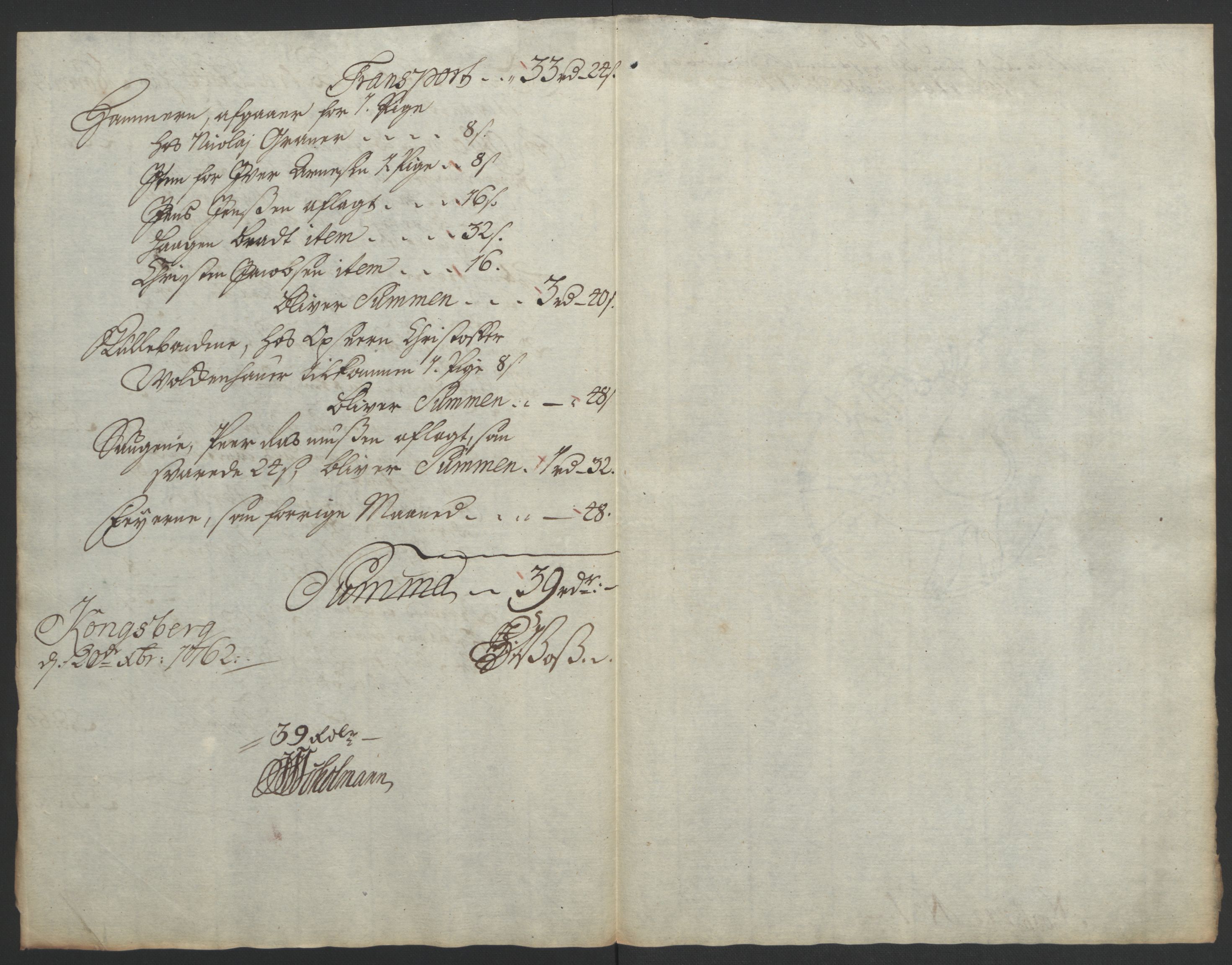 Rentekammeret inntil 1814, Reviderte regnskaper, Bergverksregnskaper, RA/EA-3222/R/Rc/Rca/L0843: Ekstraskatt, 1762-1765, s. 176