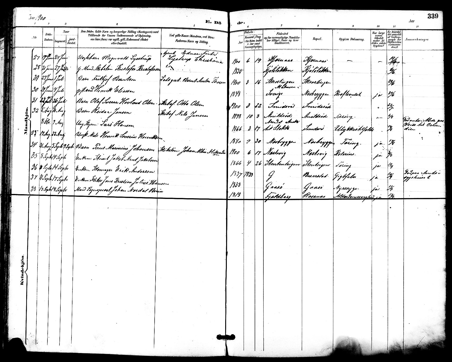 Nøtterøy kirkebøker, AV/SAKO-A-354/G/Ga/L0004: Klokkerbok nr. I 4, 1894-1909, s. 339