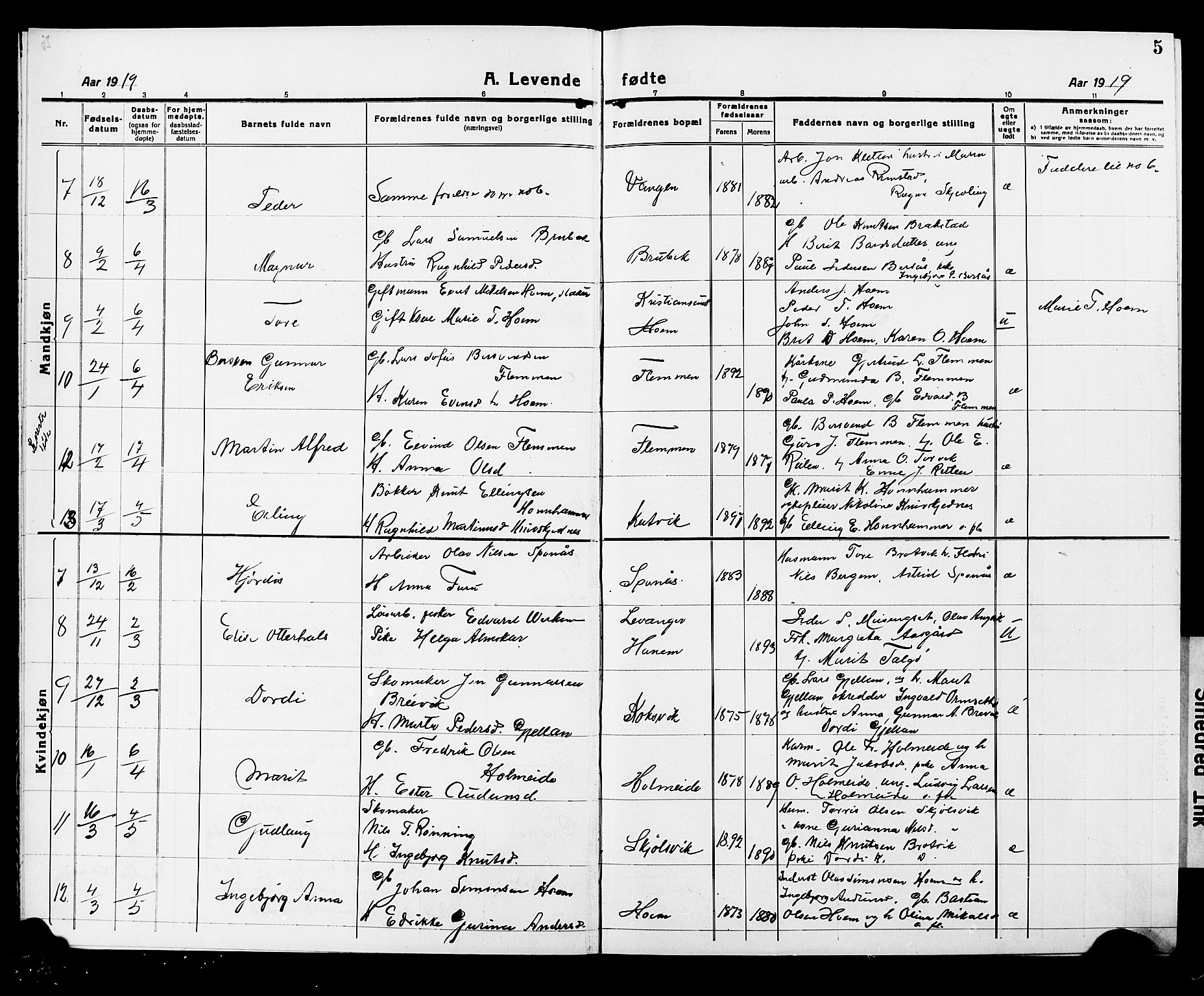 Ministerialprotokoller, klokkerbøker og fødselsregistre - Møre og Romsdal, AV/SAT-A-1454/586/L0994: Klokkerbok nr. 586C05, 1919-1927, s. 5