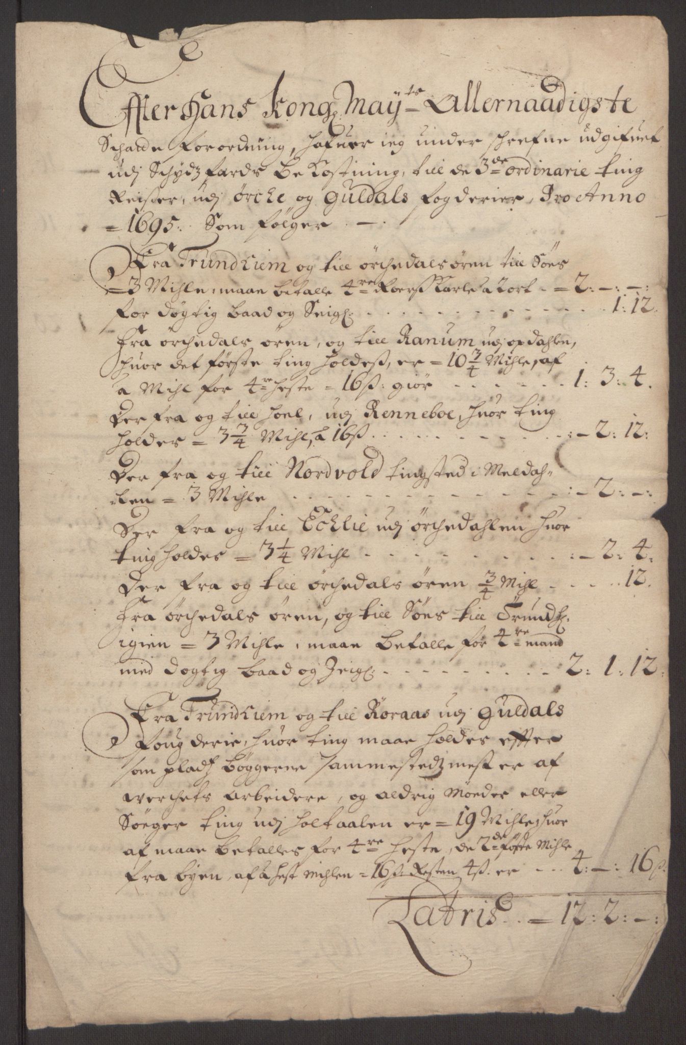 Rentekammeret inntil 1814, Reviderte regnskaper, Fogderegnskap, RA/EA-4092/R60/L3945: Fogderegnskap Orkdal og Gauldal, 1695, s. 452