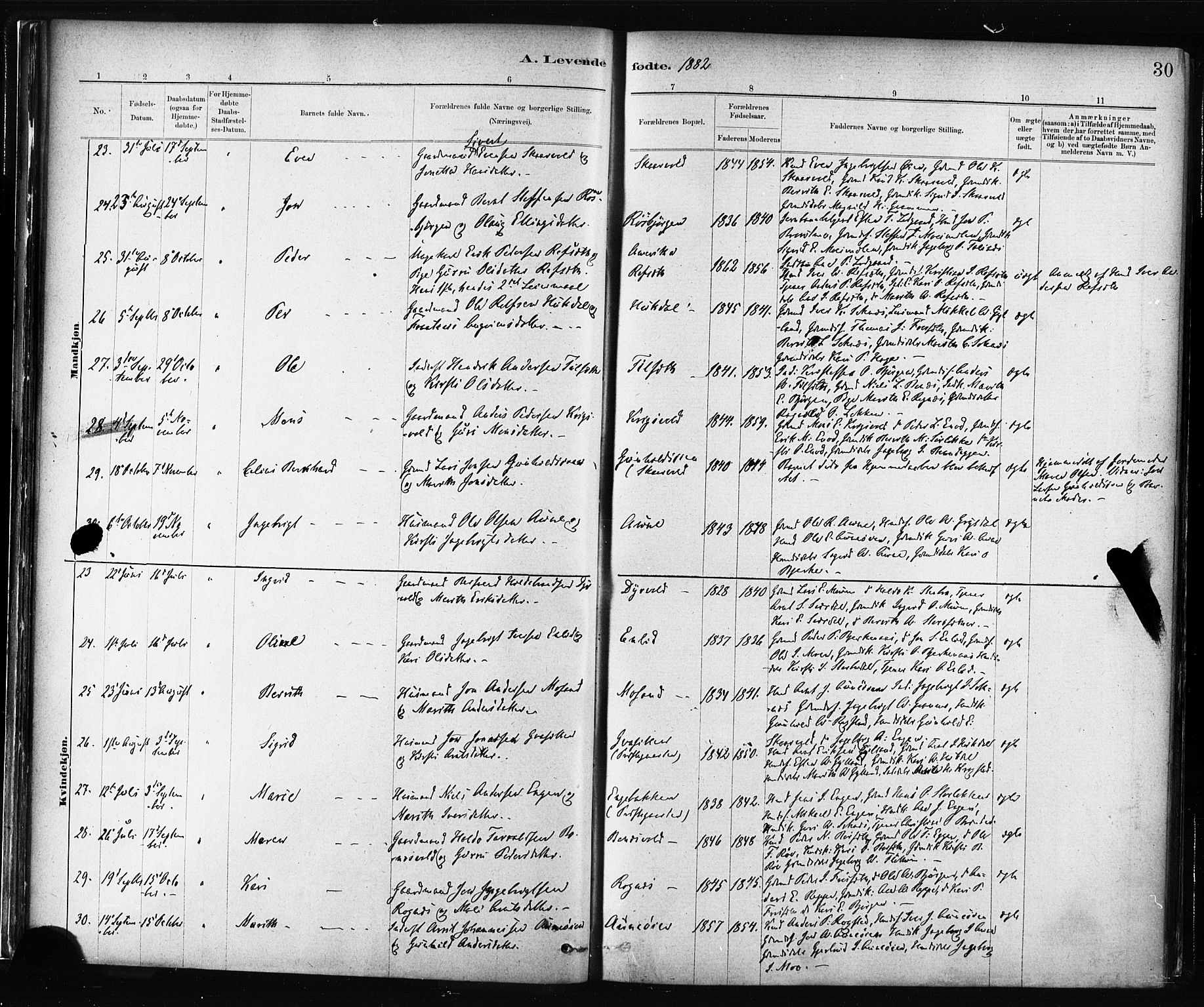 Ministerialprotokoller, klokkerbøker og fødselsregistre - Sør-Trøndelag, SAT/A-1456/687/L1002: Ministerialbok nr. 687A08, 1878-1890, s. 30