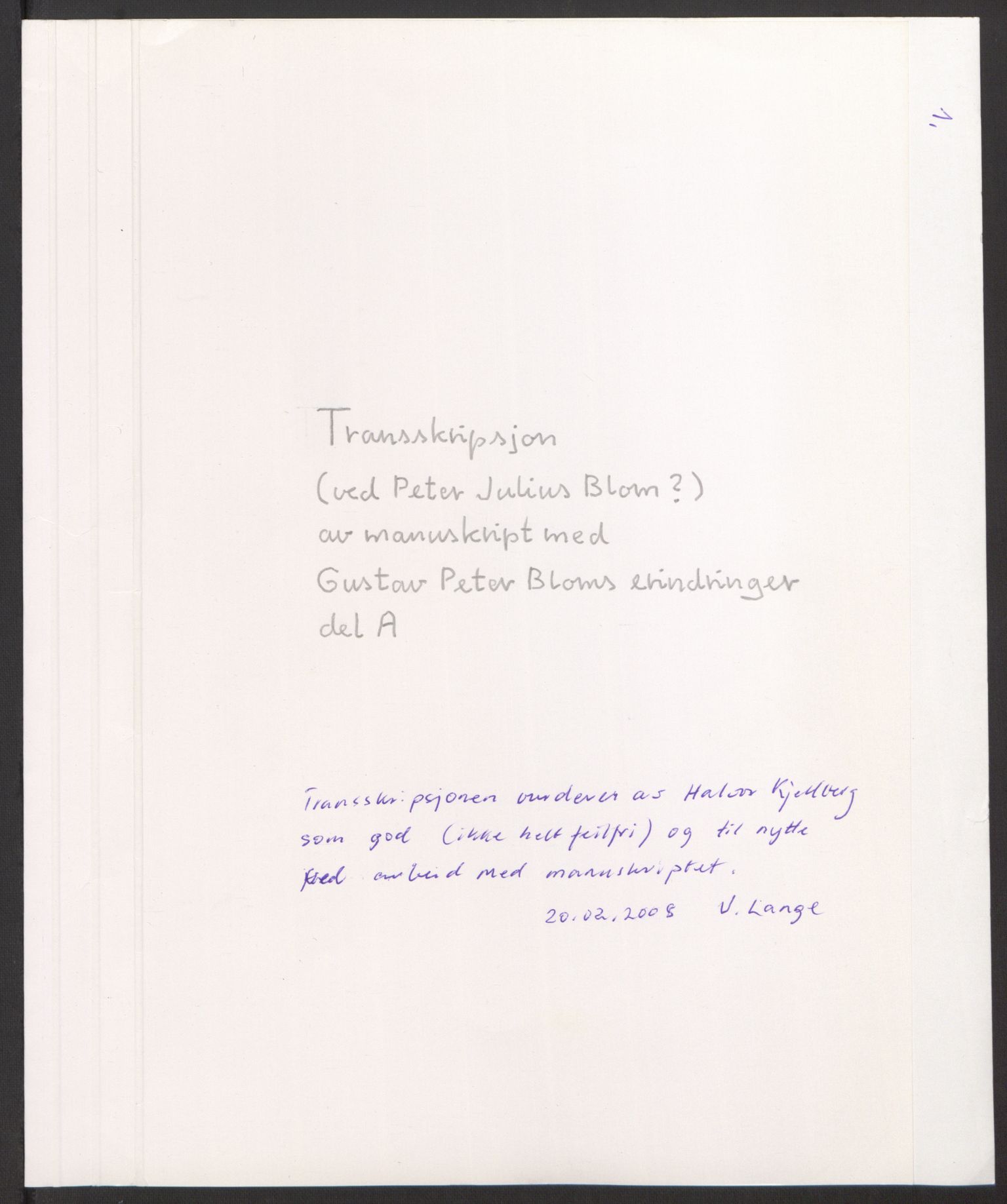 Blom, Gustav Peter, RA/PA-0568/F/L0002/0001: Transkripsjoner, brev og manuskript / Transkripsjon av manuskript med G. P. Bloms erindringer, del A (ved Peter Julius Blom?), s. 2