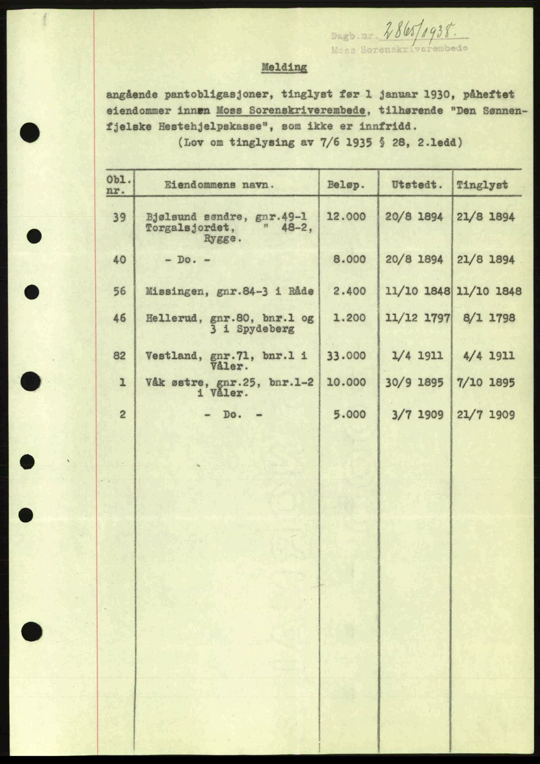 Moss sorenskriveri, SAO/A-10168: Pantebok nr. B6, 1938-1938, Dagboknr: 2865/1938