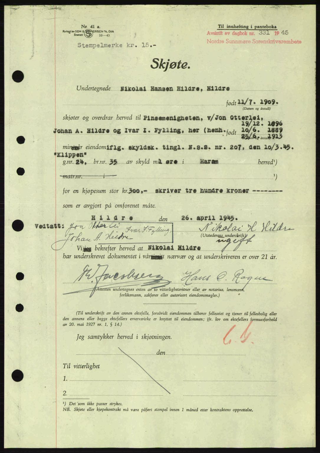 Nordre Sunnmøre sorenskriveri, AV/SAT-A-0006/1/2/2C/2Ca: Pantebok nr. A19, 1944-1945, Dagboknr: 331/1945