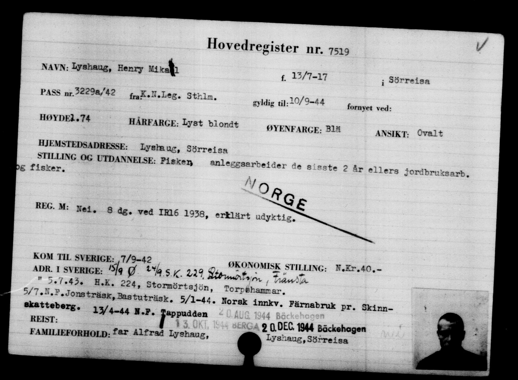 Utenriksstasjonene, Legasjonen i Stockholm, Flyktningkontoret, AV/RA-S-6753/V/Va/L0005: Kjesäterkartoteket, flyktninger med registreringsnr. 6600-9417, 1940-1945, s. 1068