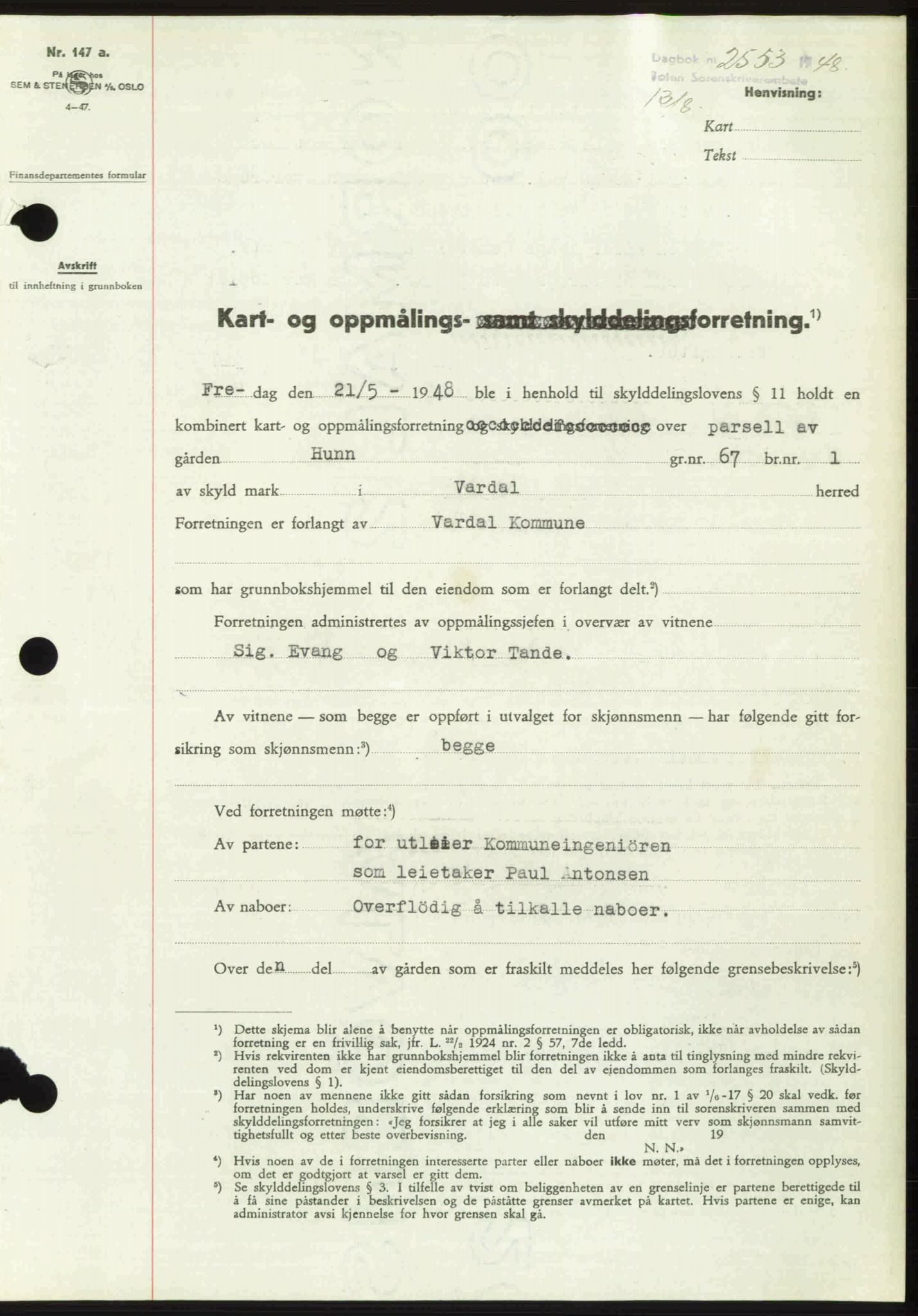 Toten tingrett, SAH/TING-006/H/Hb/Hbc/L0020: Pantebok nr. Hbc-20, 1948-1948, Dagboknr: 2553/1948