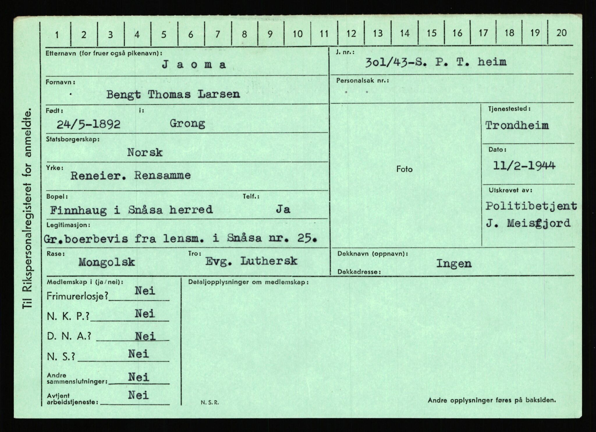 Statspolitiet - Hovedkontoret / Osloavdelingen, AV/RA-S-1329/C/Ca/L0007: Hol - Joelsen, 1943-1945, s. 3495