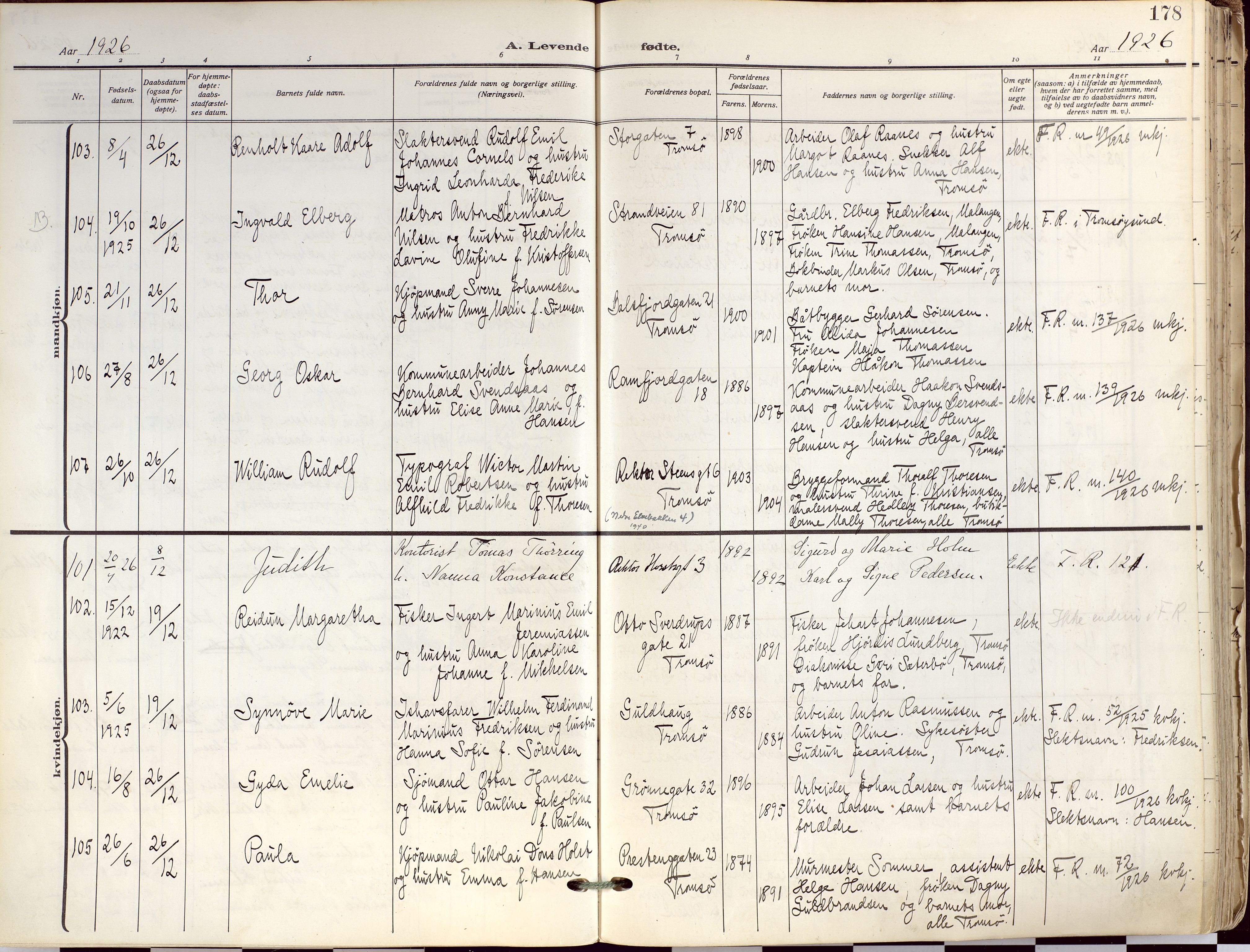 Tromsø sokneprestkontor/stiftsprosti/domprosti, AV/SATØ-S-1343/G/Ga/L0019kirke: Ministerialbok nr. 19, 1917-1927, s. 178