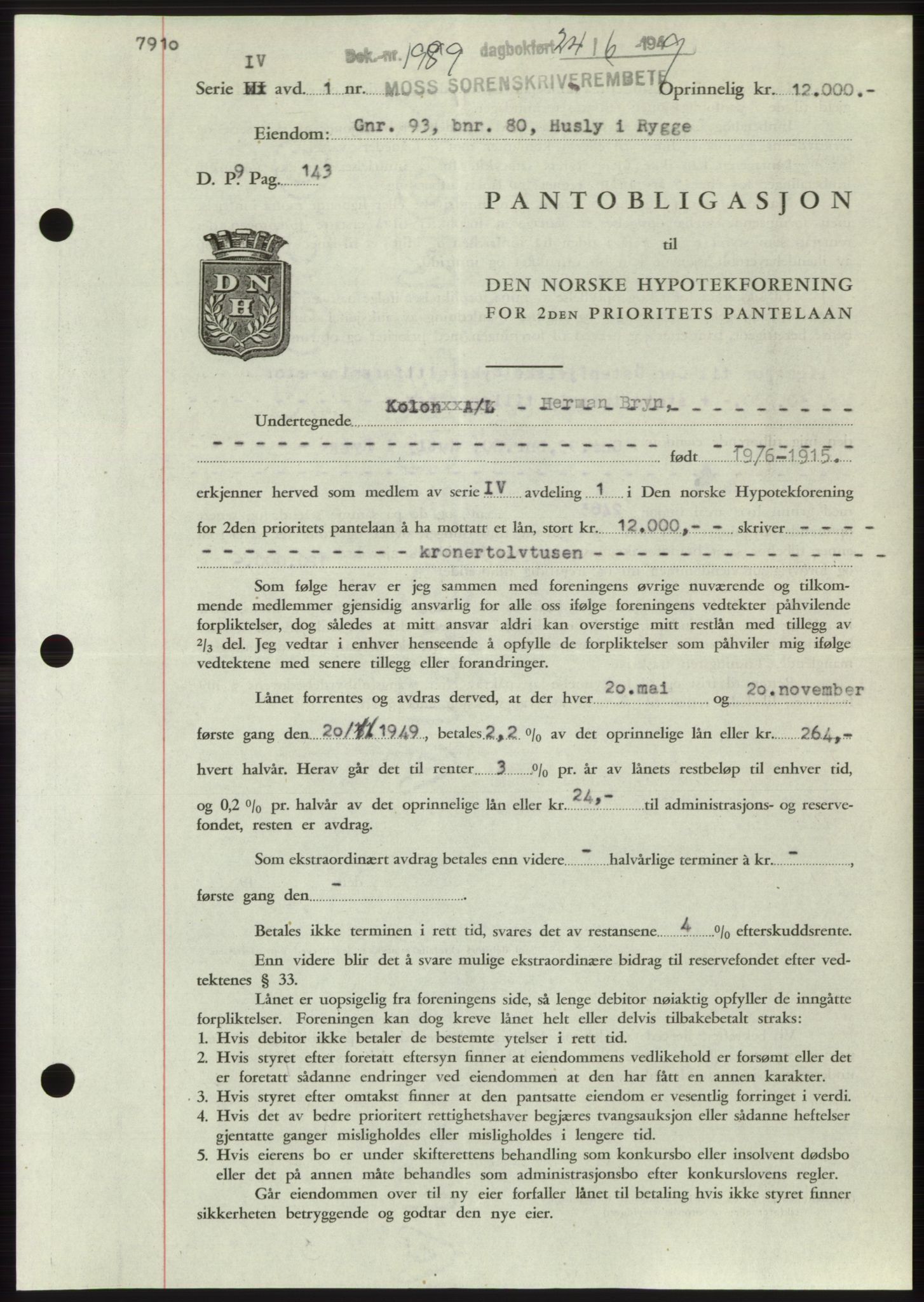 Moss sorenskriveri, SAO/A-10168: Pantebok nr. B22, 1949-1949, Dagboknr: 1989/1949