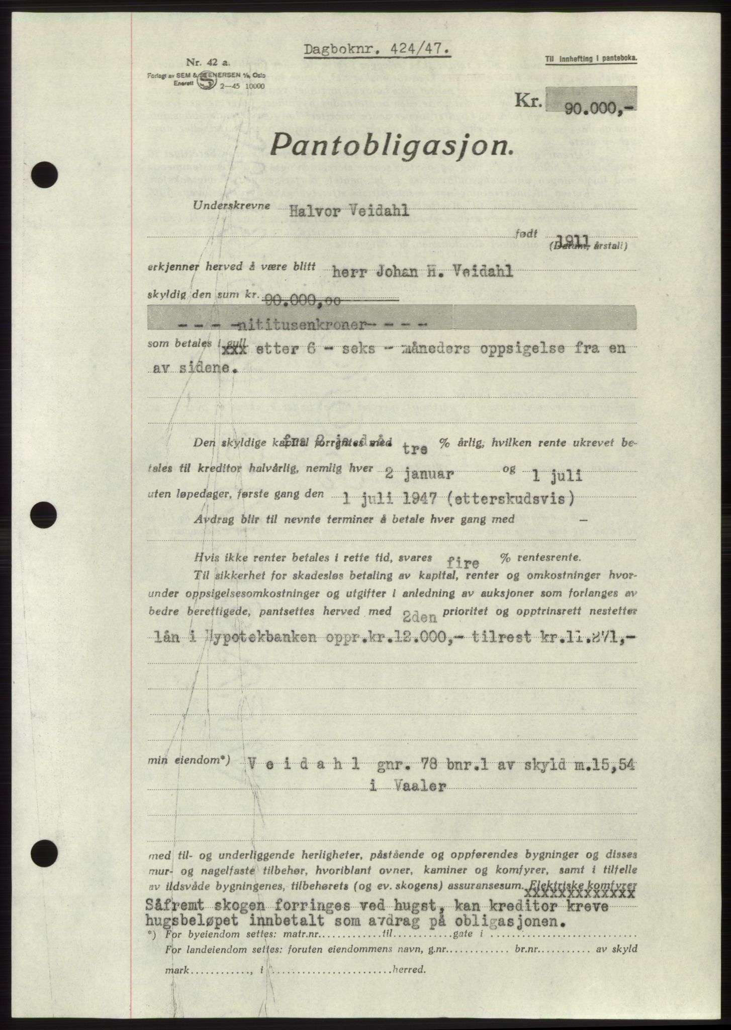 Moss sorenskriveri, SAO/A-10168: Pantebok nr. B16, 1946-1947, Dagboknr: 424/1947