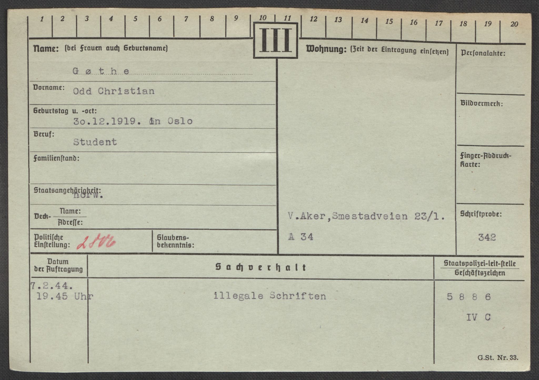 Befehlshaber der Sicherheitspolizei und des SD, RA/RAFA-5969/E/Ea/Eaa/L0003: Register over norske fanger i Møllergata 19: Eng-Hag, 1940-1945, s. 1354