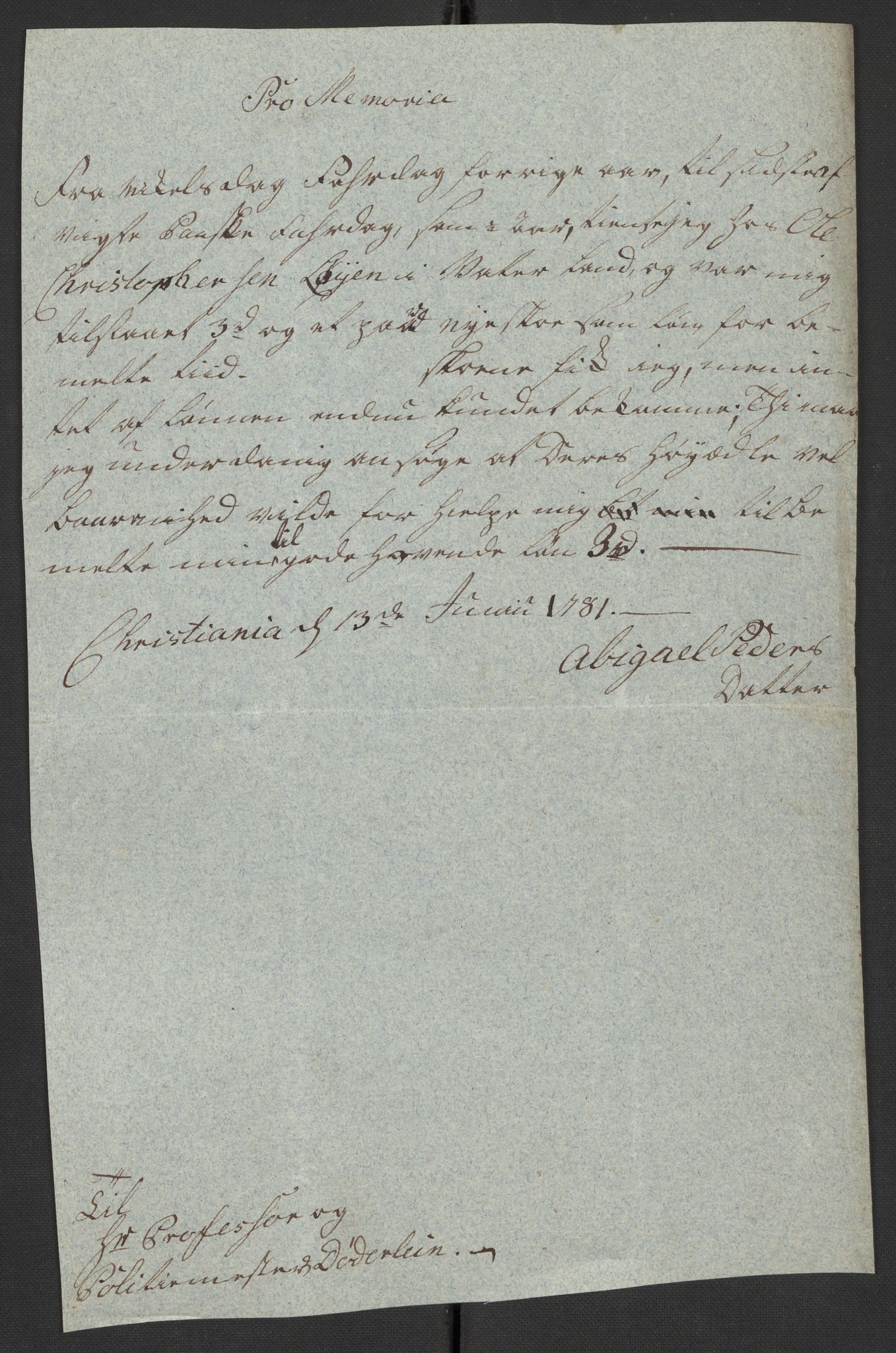 Oslo politidistrikt, AV/SAO-A-10085/D/Da/L0003: Innkomne brev, pro memoria m.v., 1781, s. 253