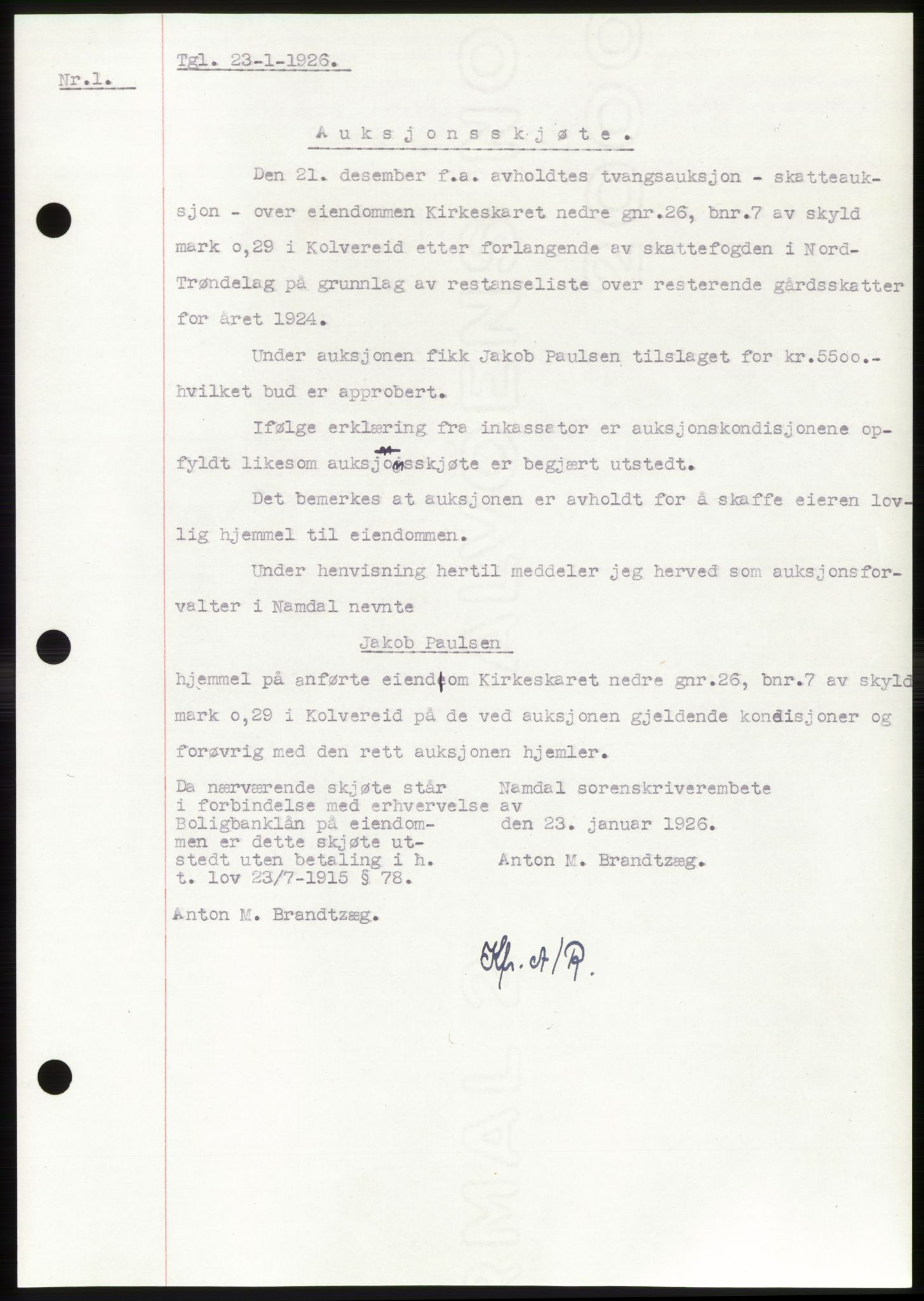 Namdal sorenskriveri, SAT/A-4133/1/2/2C: Pantebok nr. -, 1926-1930, Tingl.dato: 23.01.1926