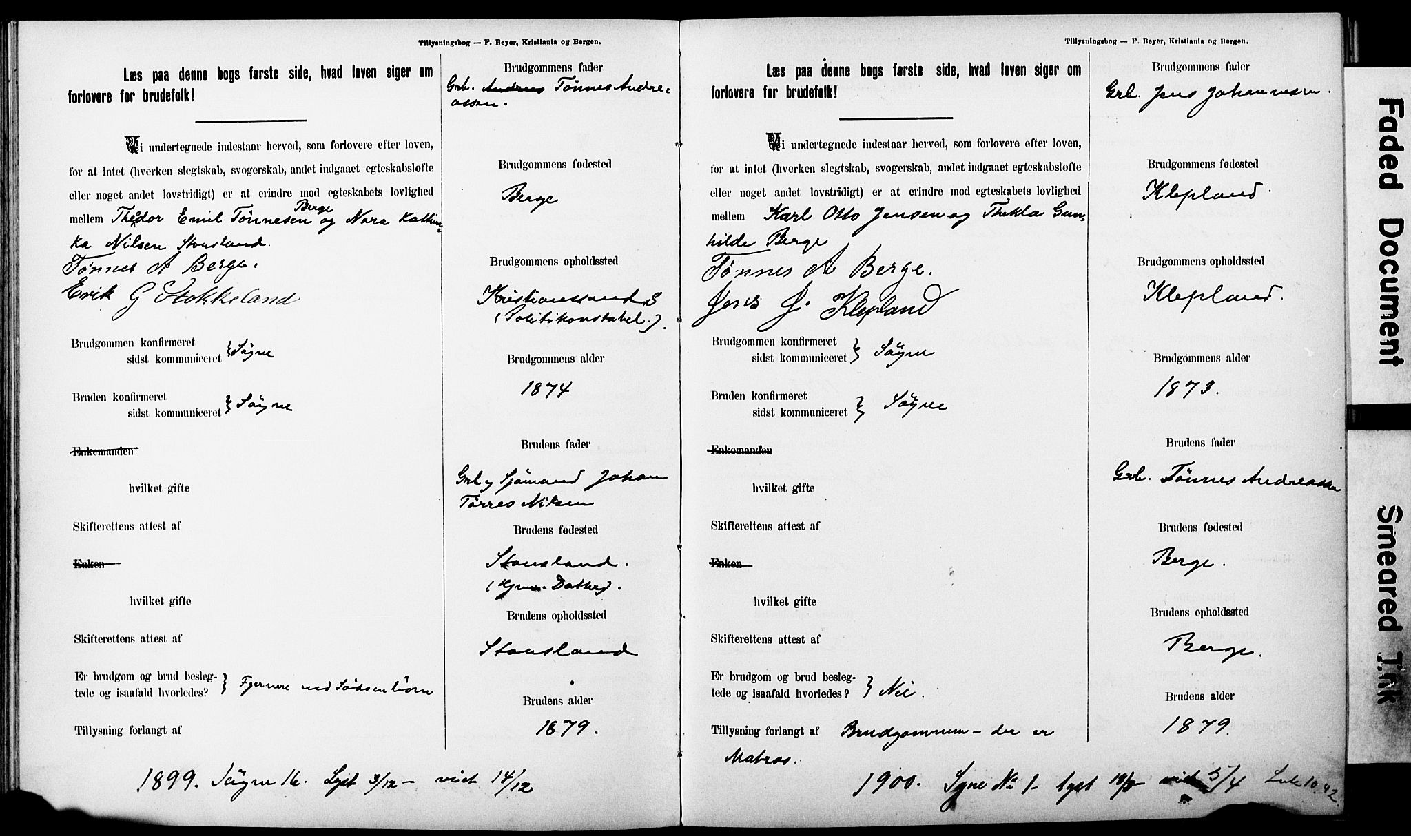 Ullensaker prestekontor Kirkebøker, SAO/A-10236a/H/Ha/L0001: Lysningsprotokoll nr. 1, 1892-1910